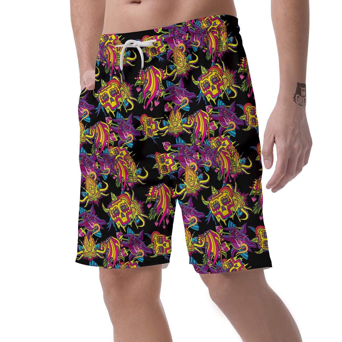 Black Skull Trippy Psychedelic Men's Shorts-grizzshop