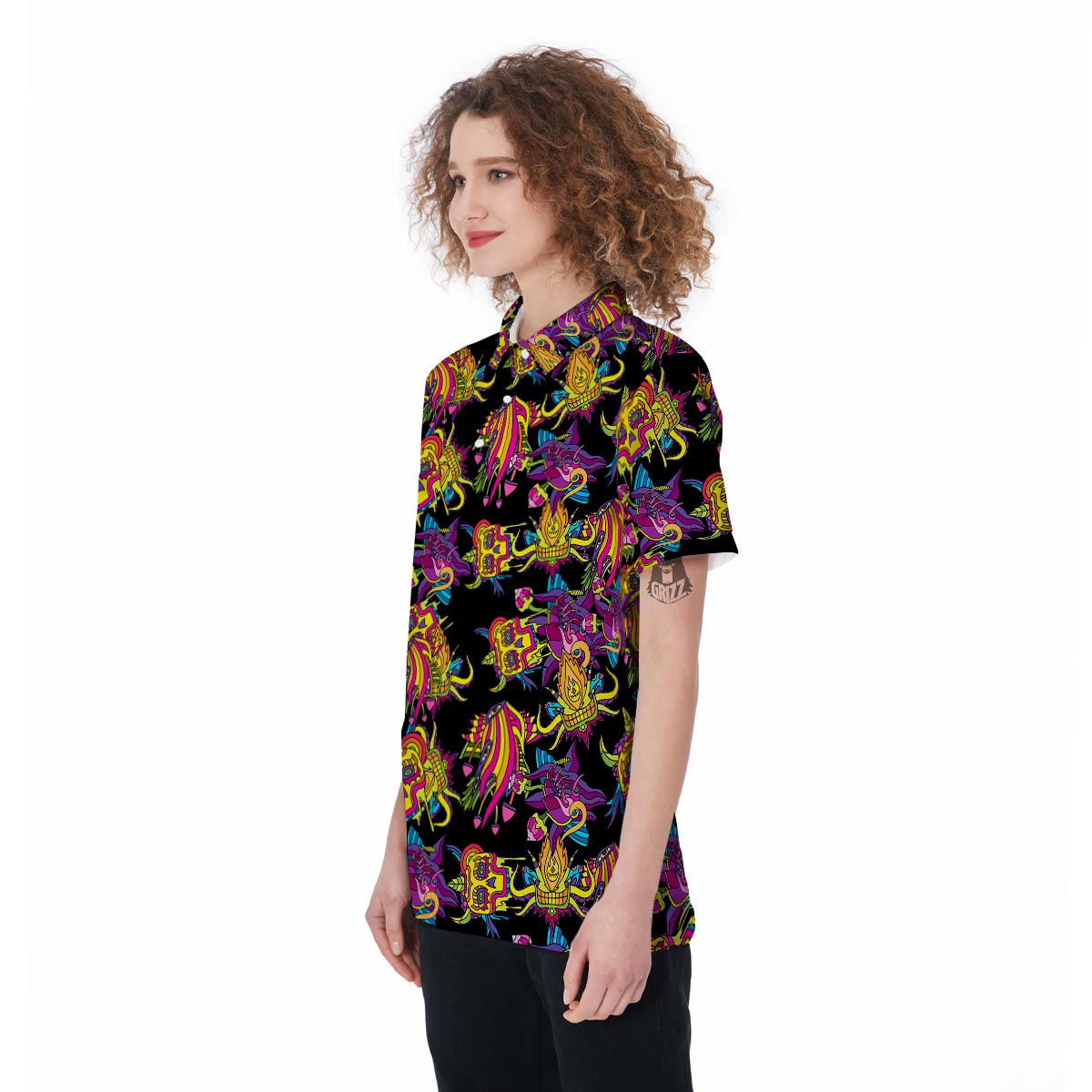 Black Skull Trippy Psychedelic Women's Golf Shirts-grizzshop