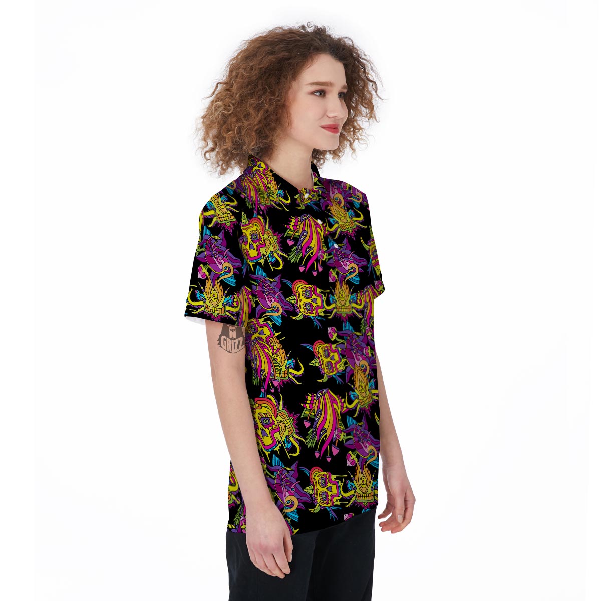 Black Skull Trippy Psychedelic Women's Golf Shirts-grizzshop