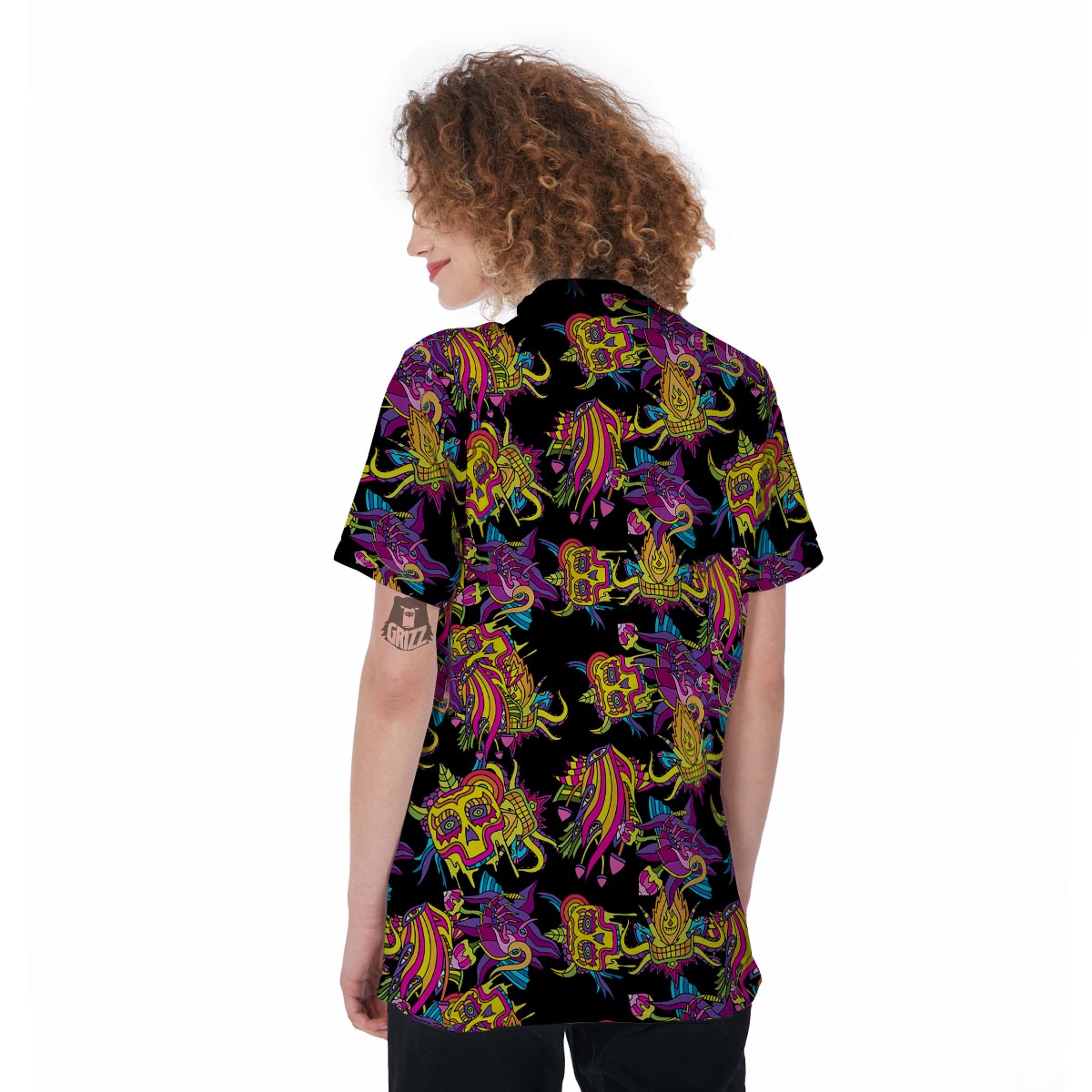 Black Skull Trippy Psychedelic Women's Golf Shirts-grizzshop