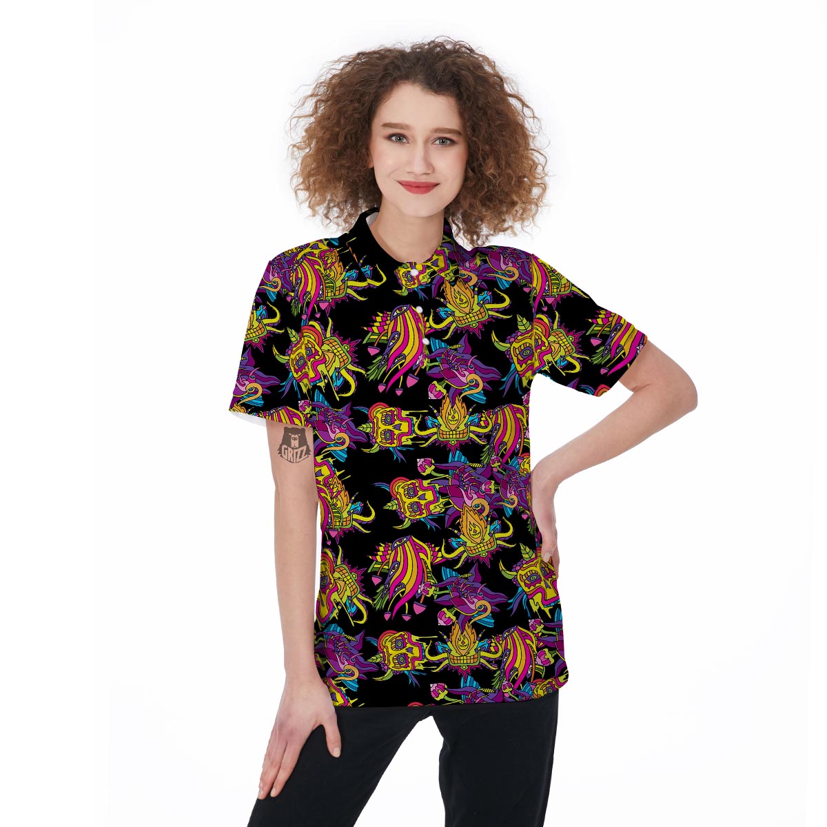 Black Skull Trippy Psychedelic Women's Golf Shirts-grizzshop