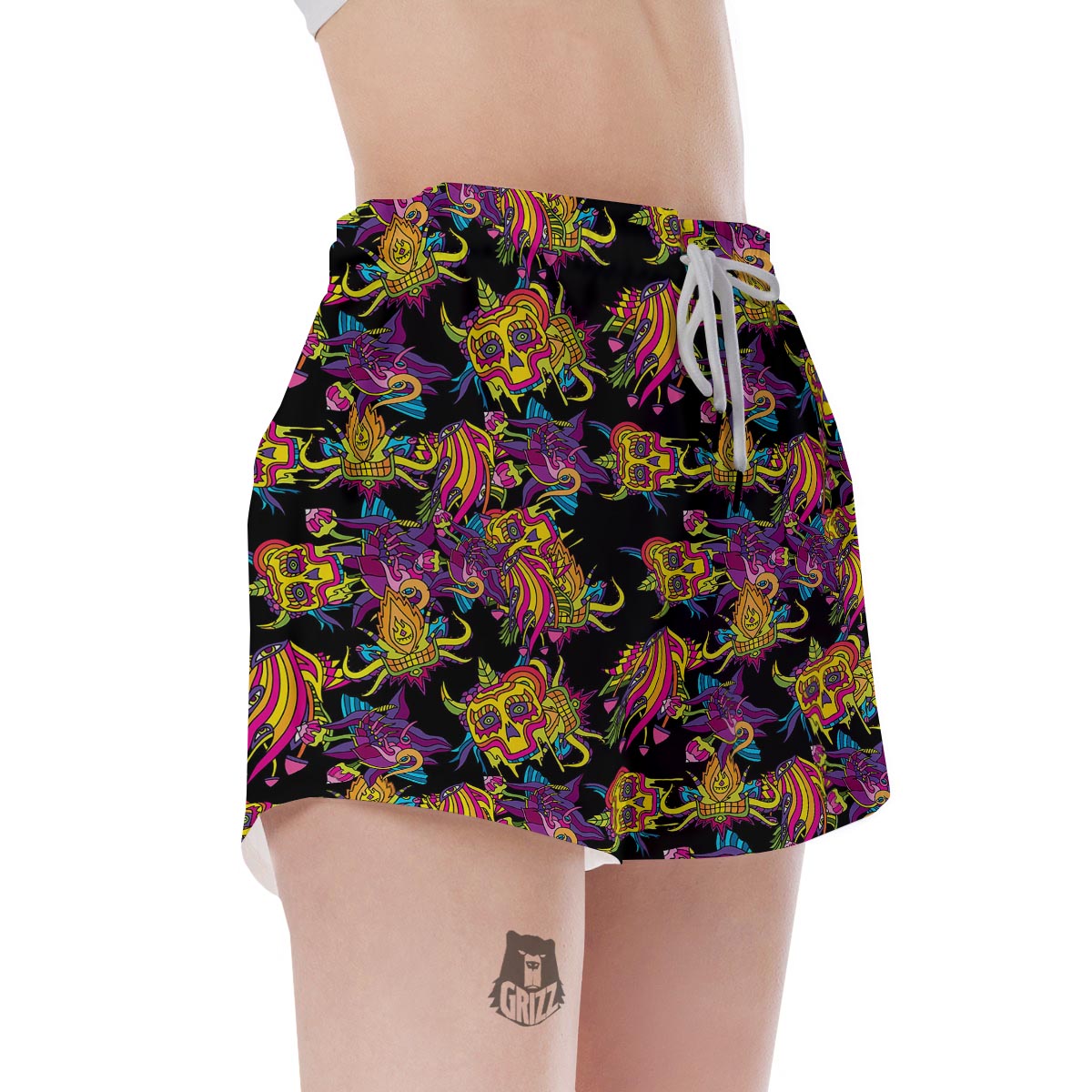 Black Skull Trippy Psychedelic Women's Shorts-grizzshop