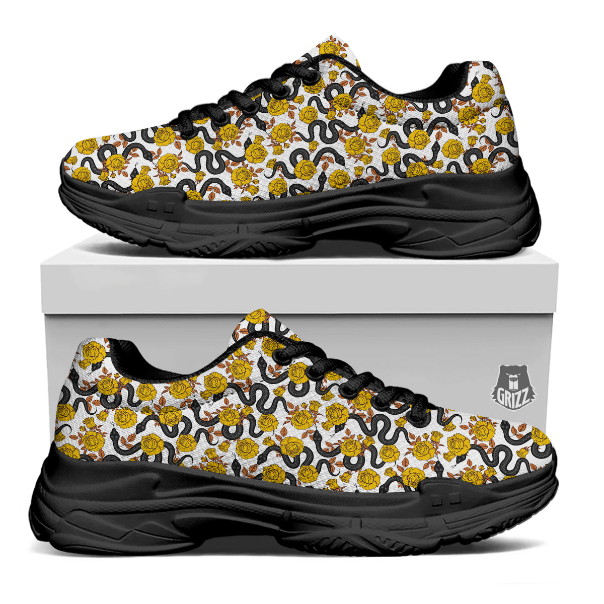 Black Snake And Gold Rose Print Pattern Black Chunky Shoes-grizzshop