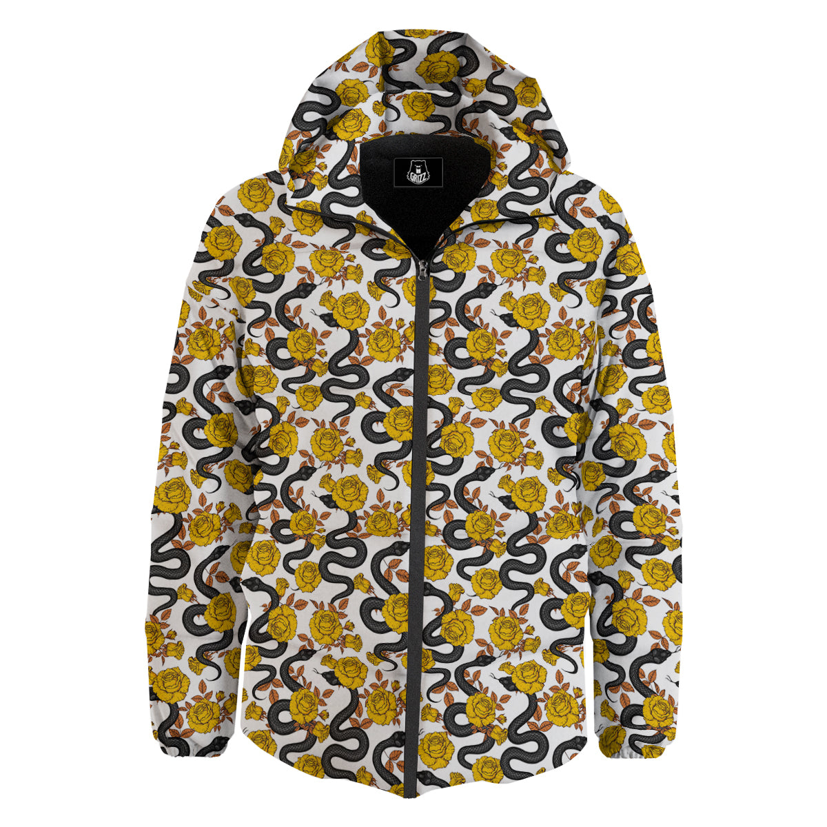 Black Snake And Gold Rose Print Pattern Down Jacket-grizzshop