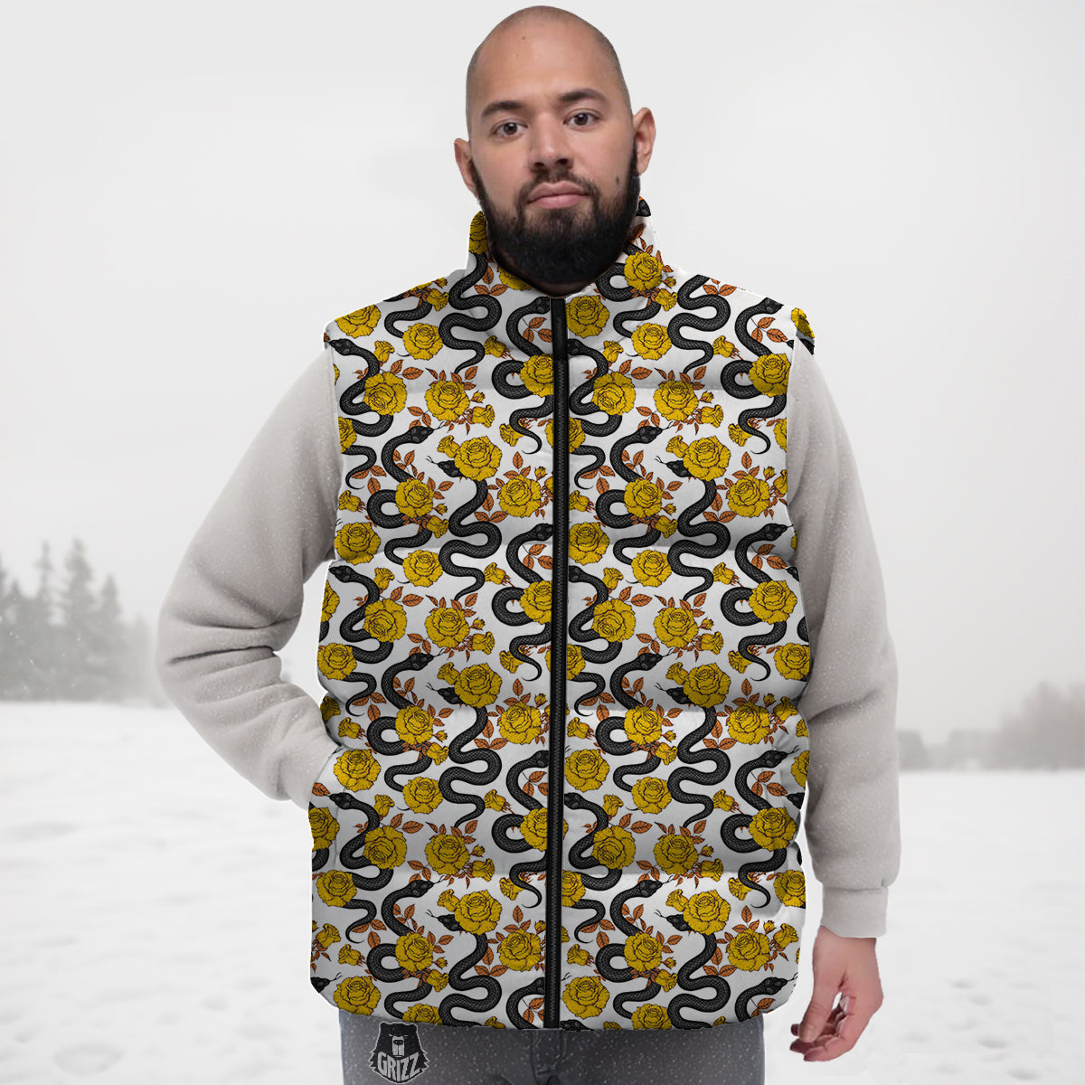 Black Snake And Gold Rose Print Pattern Down Vest
