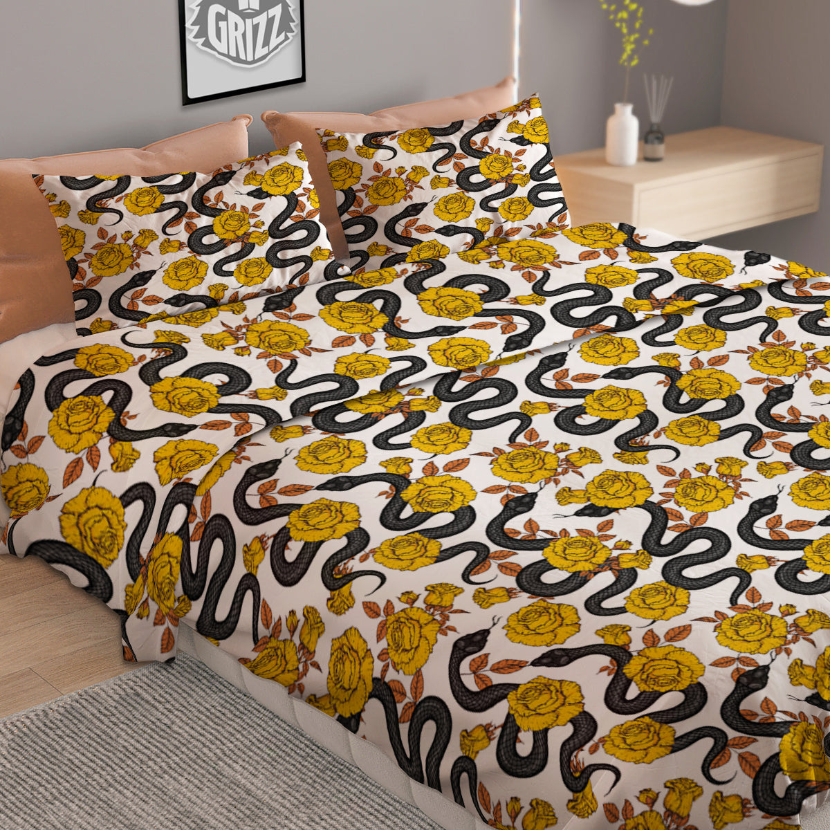 Black Snake And Gold Rose Print Pattern Duvet Cover Bedding Set