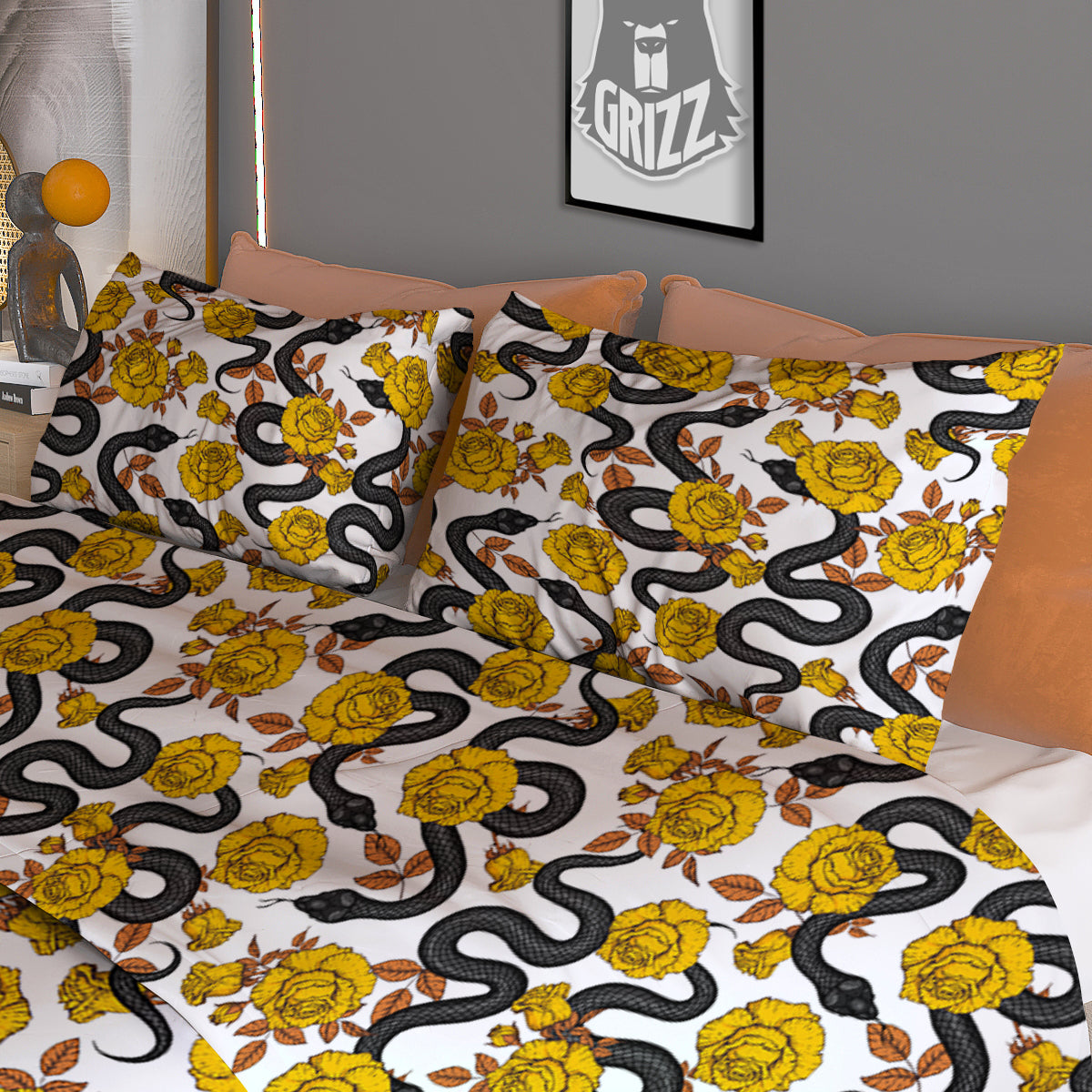 Black Snake And Gold Rose Print Pattern Duvet Cover Bedding Set