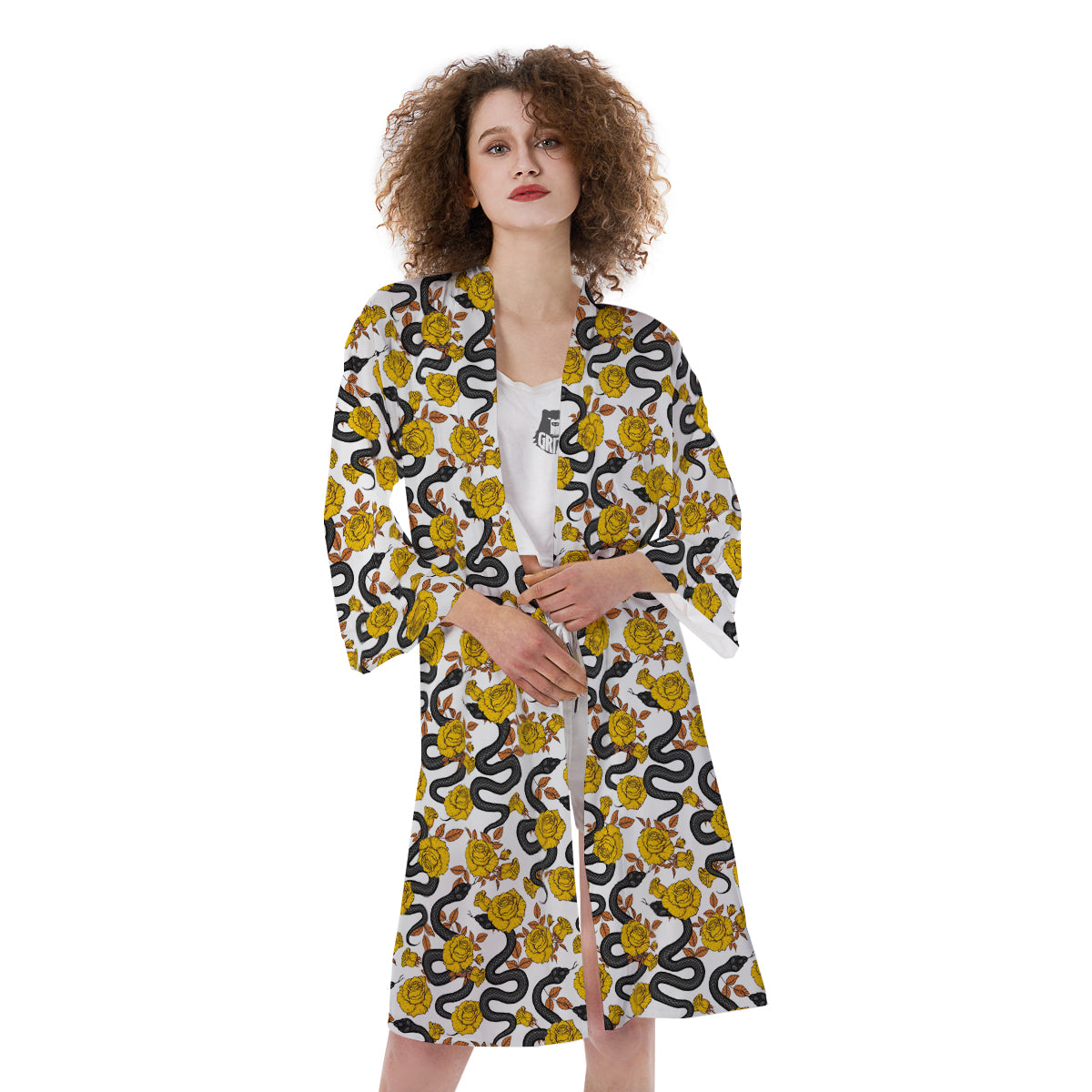 Black Snake And Gold Rose Print Pattern Kimono-grizzshop