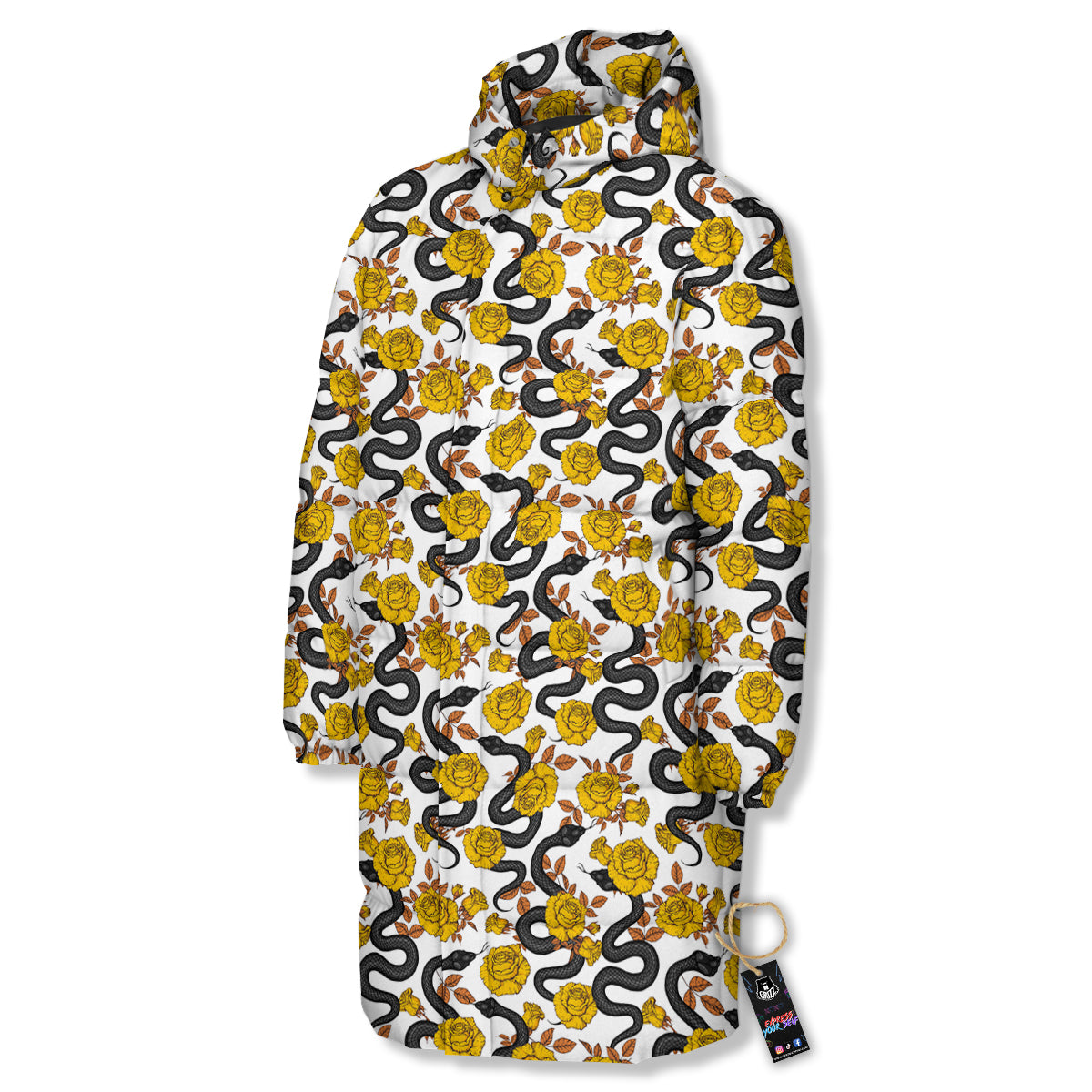 Black Snake And Gold Rose Print Pattern Long Down Jacket-grizzshop