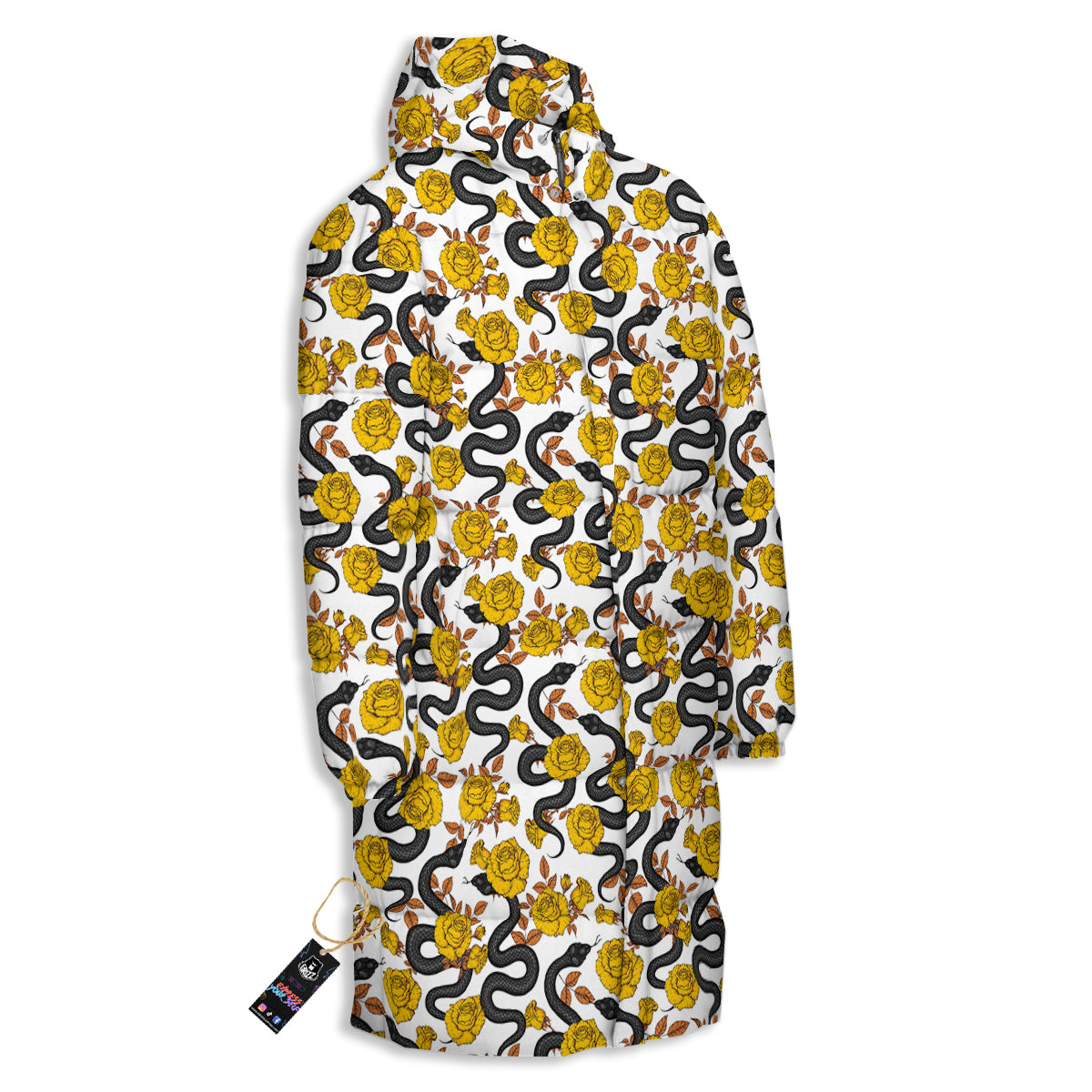 Black Snake And Gold Rose Print Pattern Long Down Jacket-grizzshop