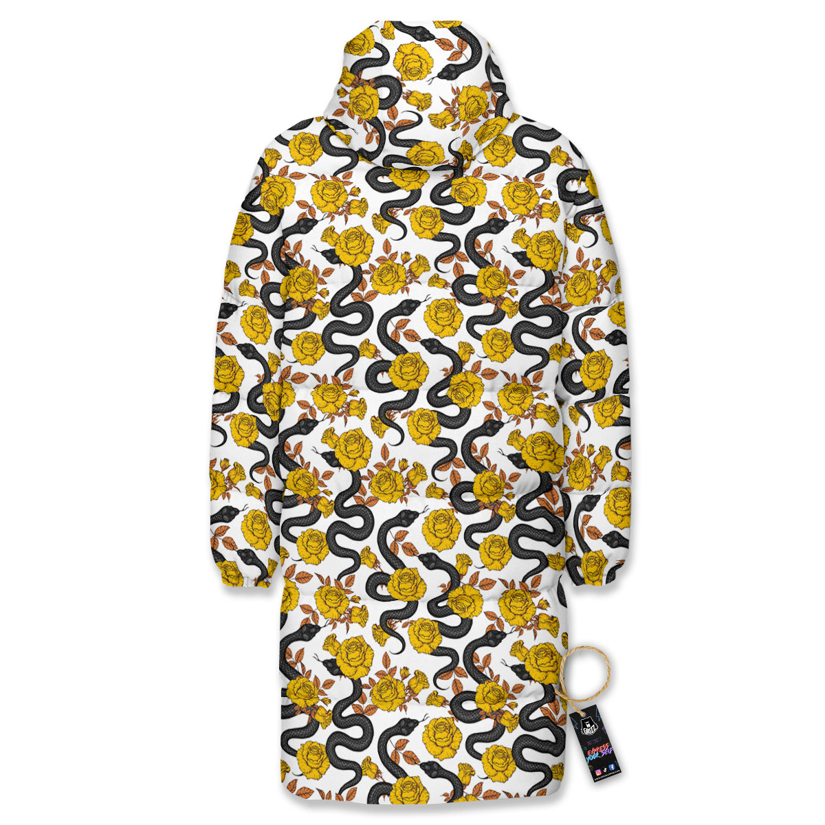 Black Snake And Gold Rose Print Pattern Long Down Jacket-grizzshop