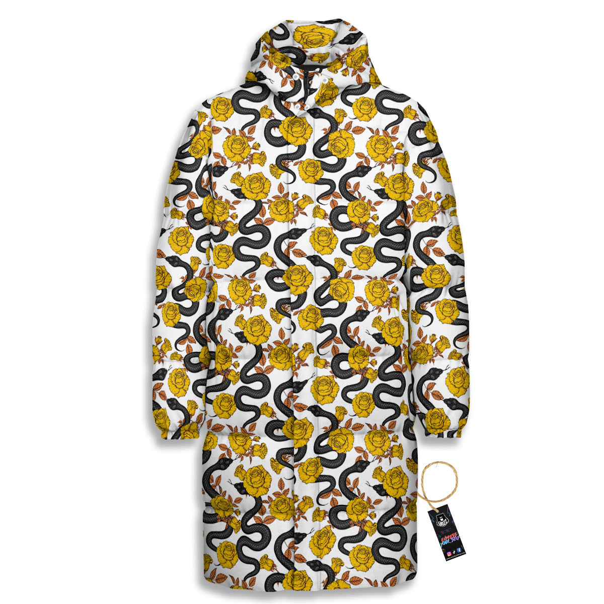 Black Snake And Gold Rose Print Pattern Long Down Jacket-grizzshop