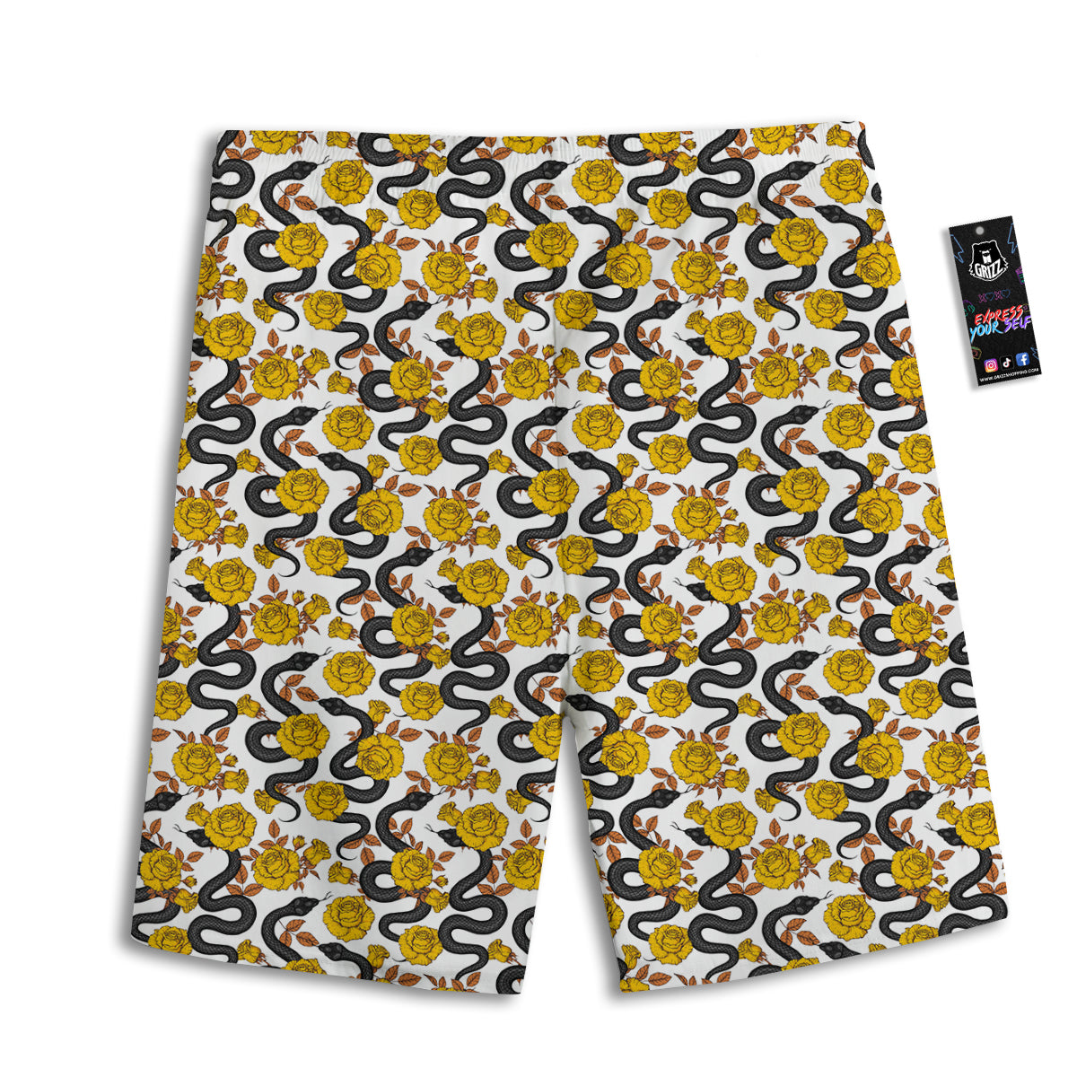 Black Snake And Gold Rose Print Pattern Men's Athletic Shorts