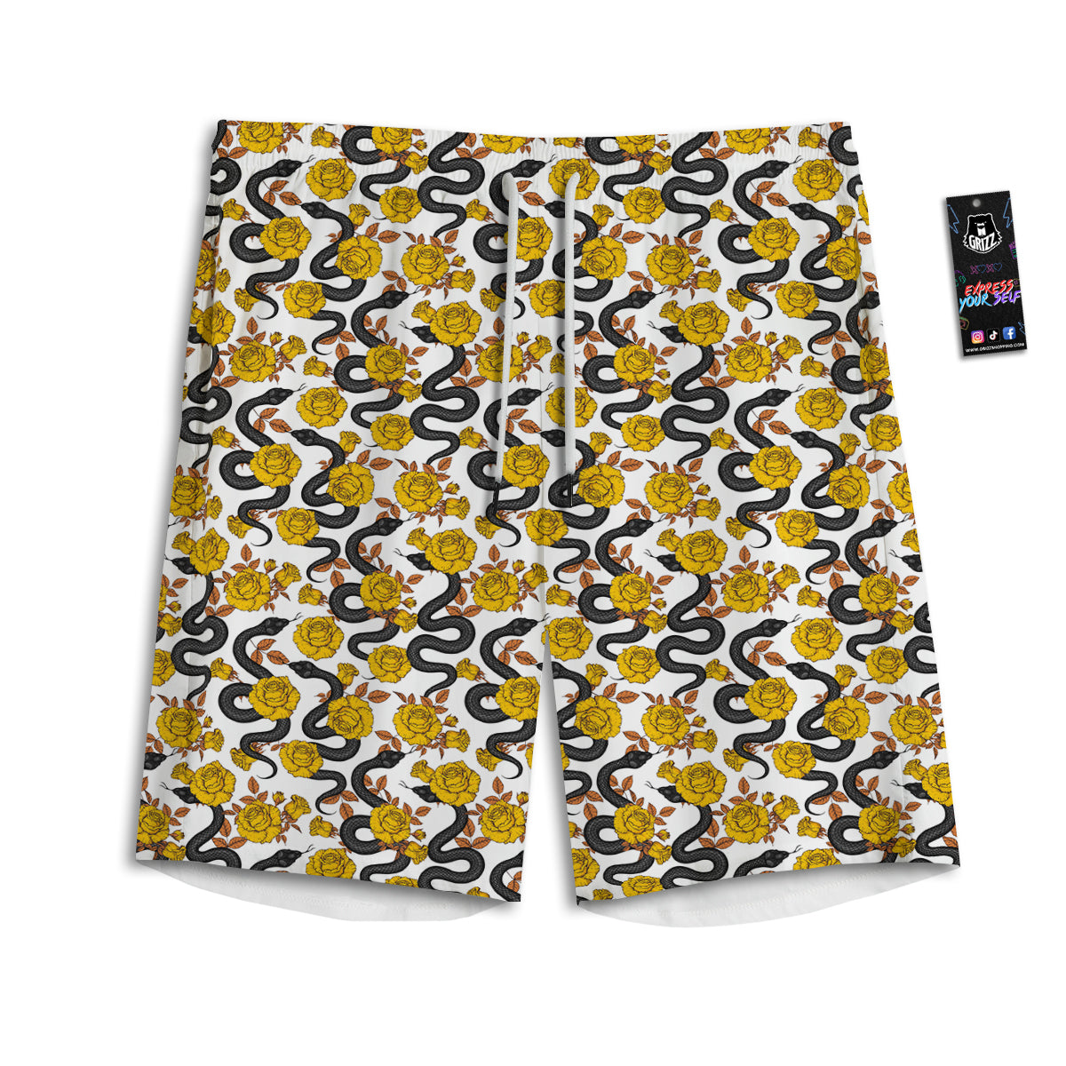 Black Snake And Gold Rose Print Pattern Men's Athletic Shorts