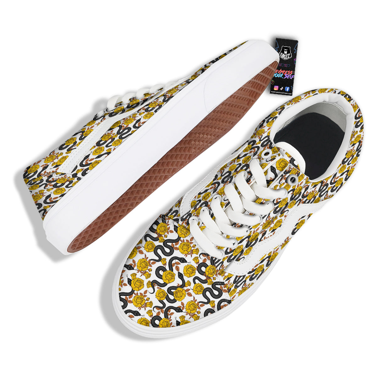 Black Snake And Gold Rose Print Pattern Skate Shoes-grizzshop