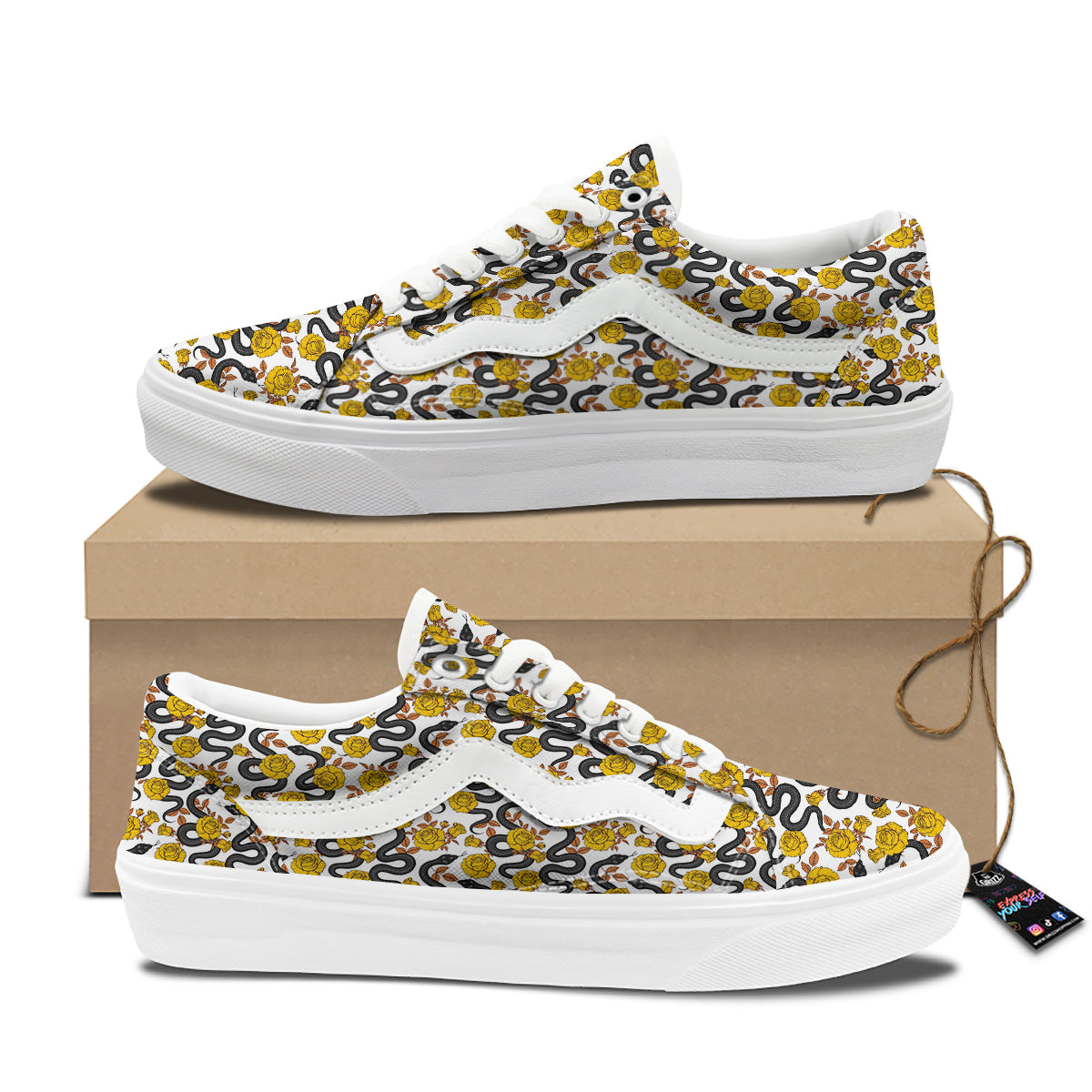 Black Snake And Gold Rose Print Pattern Skate Shoes-grizzshop