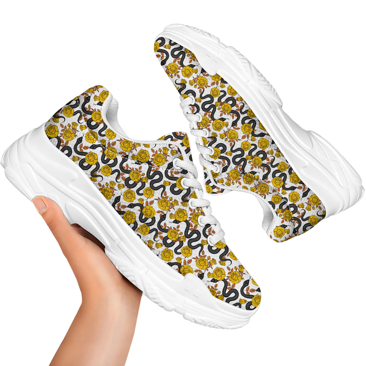 Black Snake And Gold Rose Print Pattern White Chunky Shoes-grizzshop