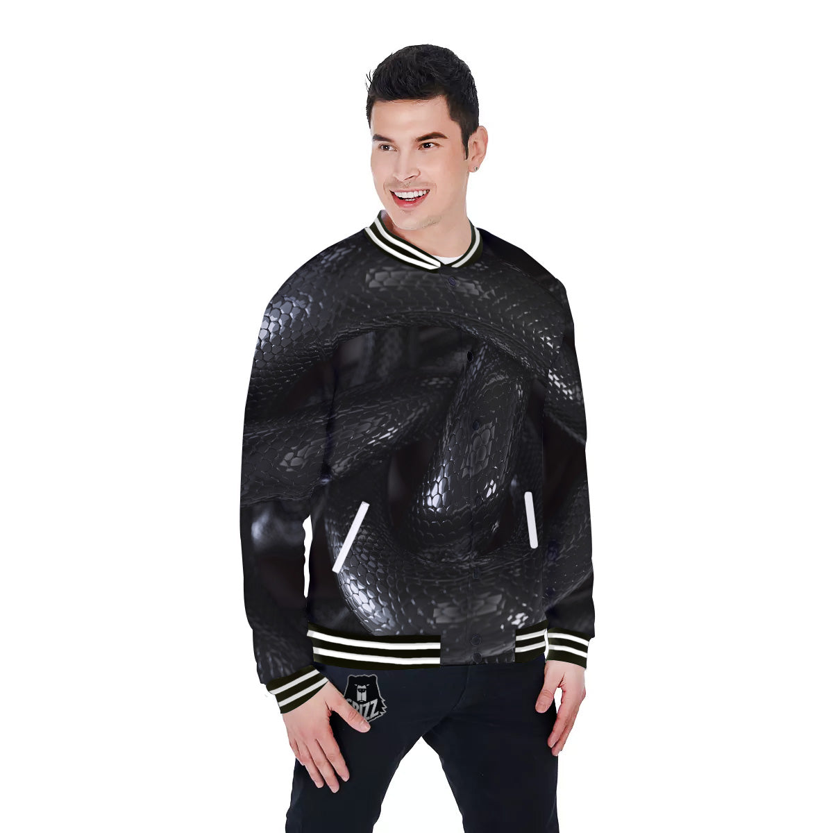 Black Snake Print Baseball Jacket-grizzshop
