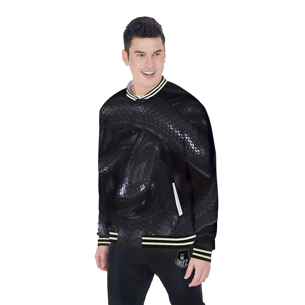 Black Snake Print Baseball Jacket-grizzshop