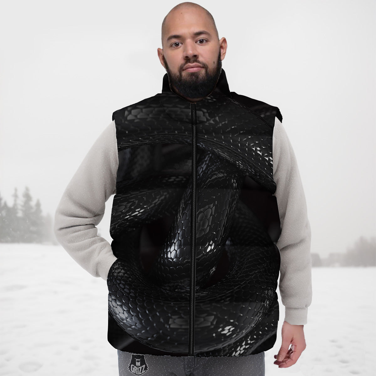 Black Snake Print Down Vest