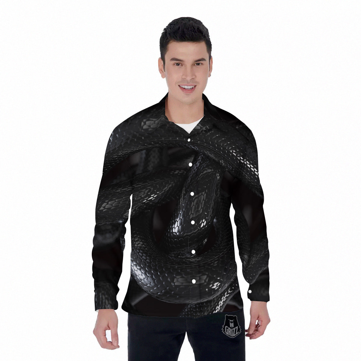 Black Snake Print Men's Long Sleeve Shirts-grizzshop