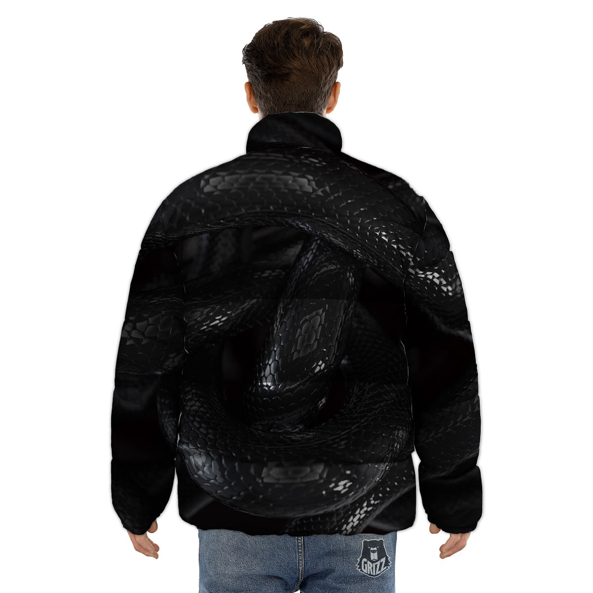 Black Snake Print Puffer Jacket-grizzshop
