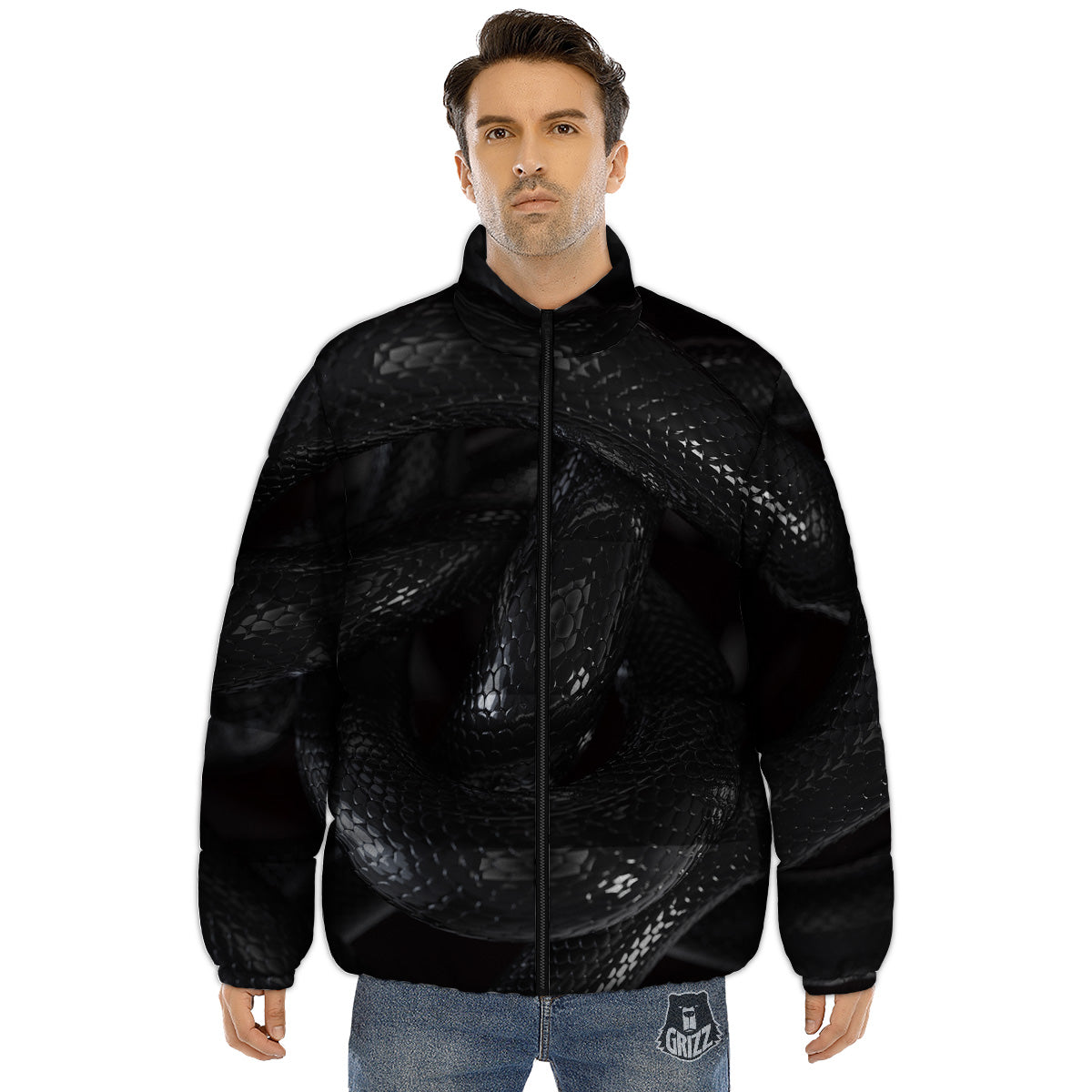 Black Snake Print Puffer Jacket-grizzshop