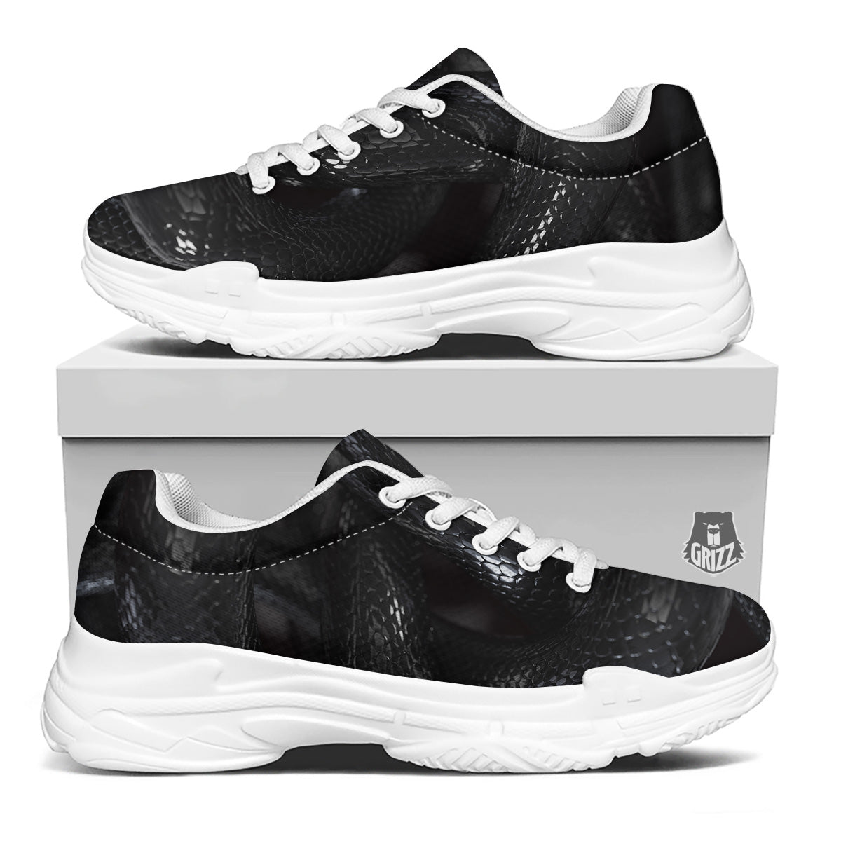 Black Snake Print White Chunky Shoes-grizzshop