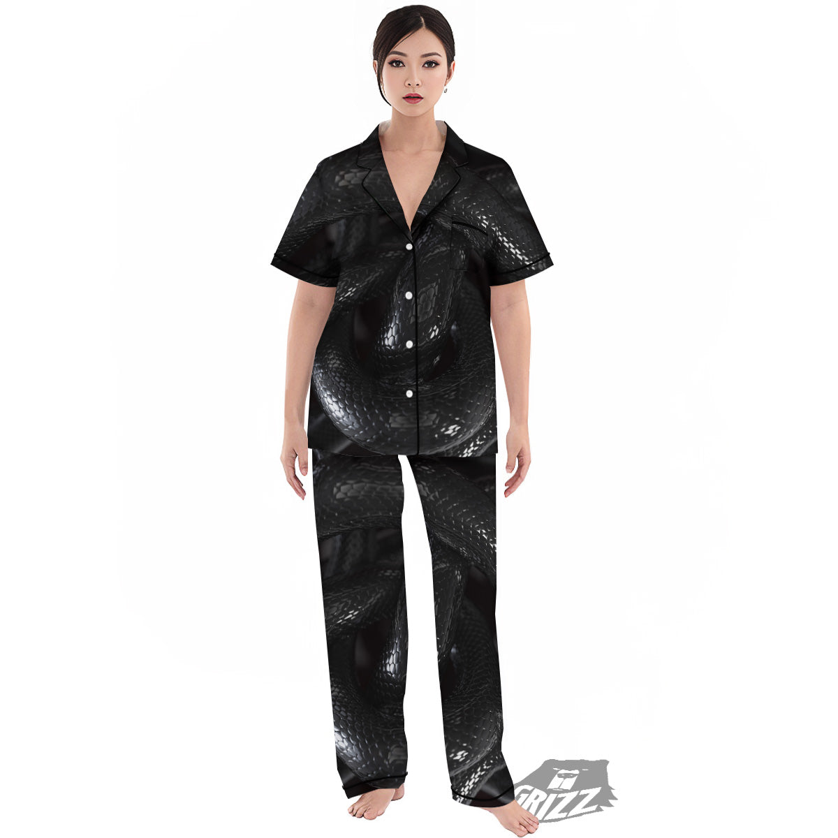 Black Snake Print Women's Pajamas Set-grizzshop
