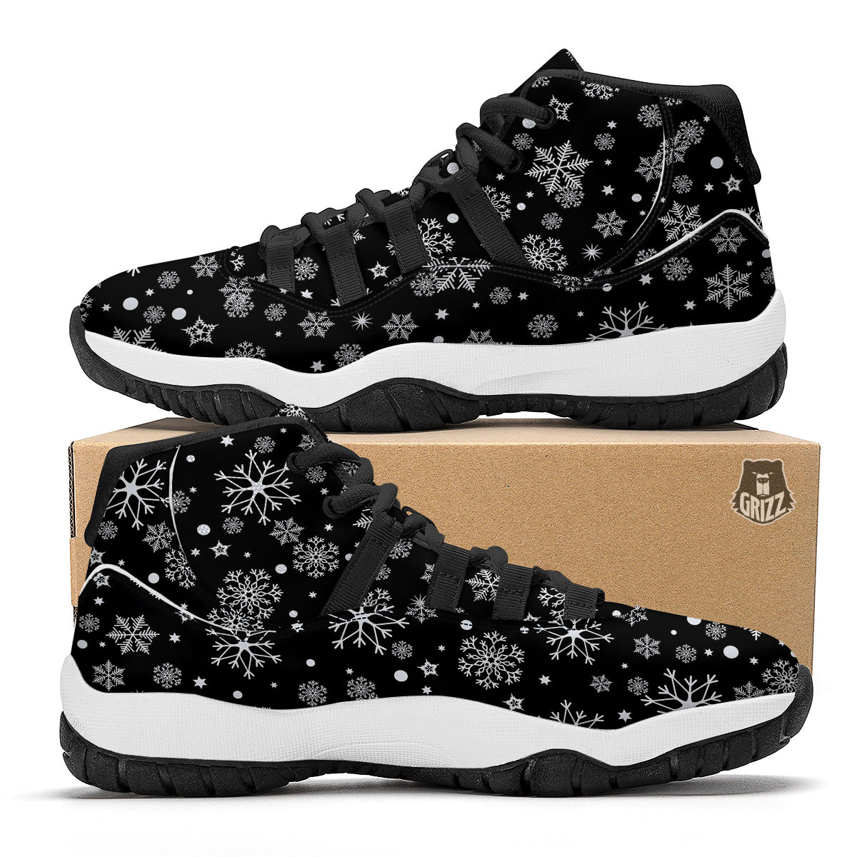 Black Snowflake Pattern Print Black Bball Shoes-grizzshop