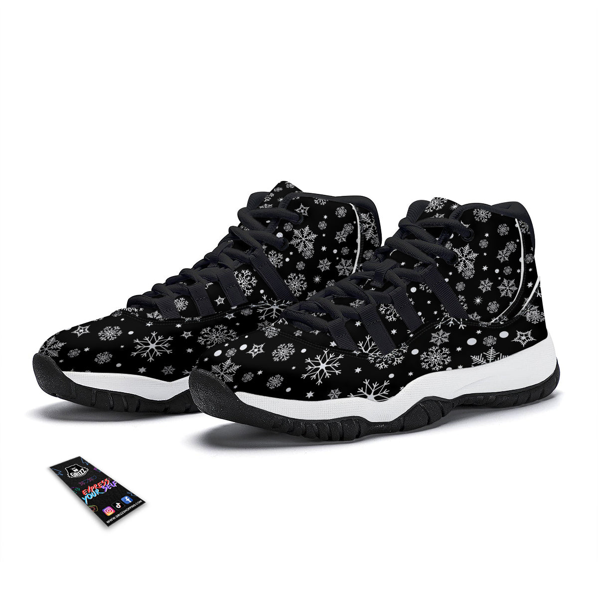 Black Snowflake Pattern Print Black Bball Shoes-grizzshop