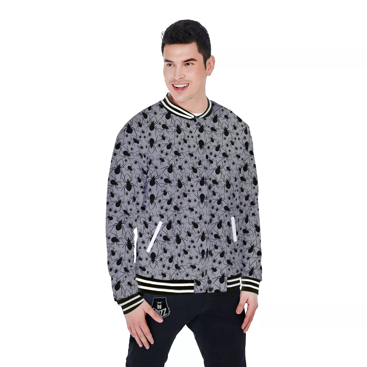 Black Spider And Grey Print Pattern Baseball Jacket-grizzshop
