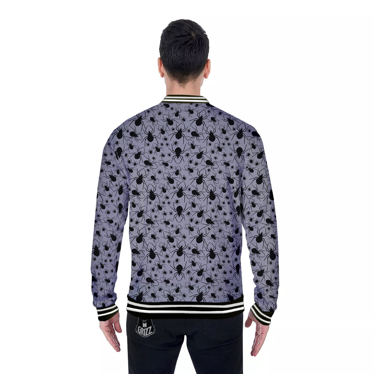 Black Spider And Grey Print Pattern Baseball Jacket-grizzshop
