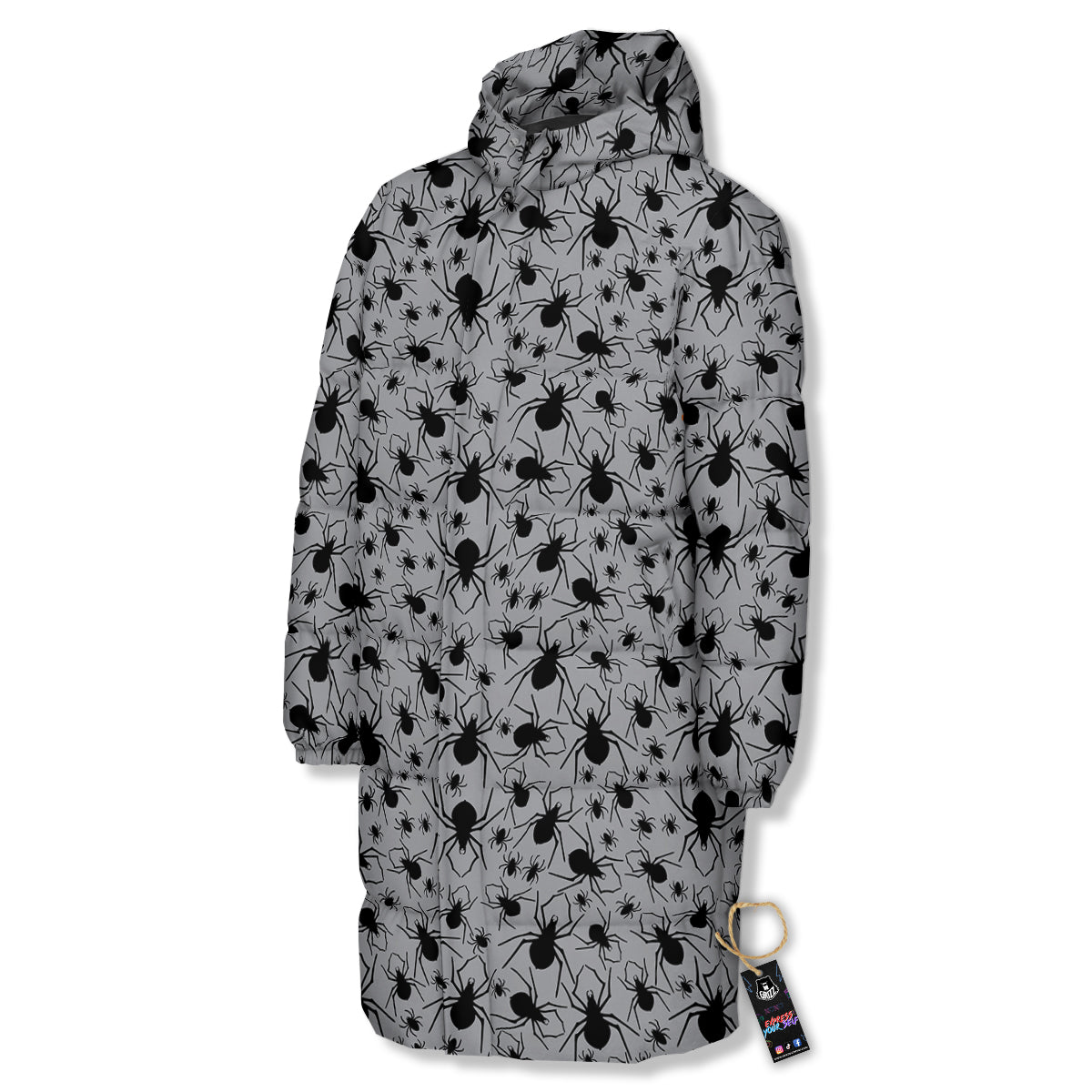Black Spider And Grey Print Pattern Long Down Jacket-grizzshop