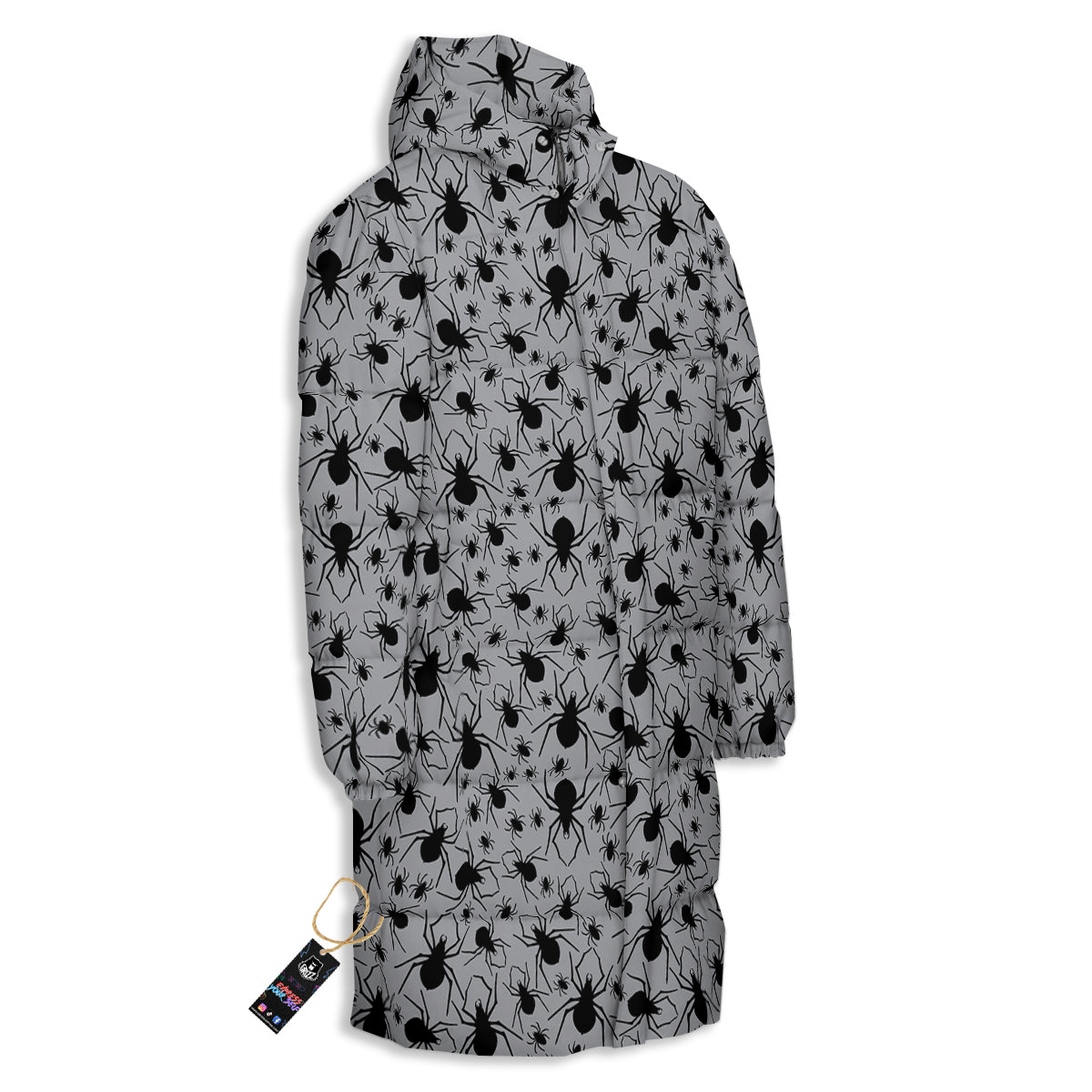Black Spider And Grey Print Pattern Long Down Jacket-grizzshop