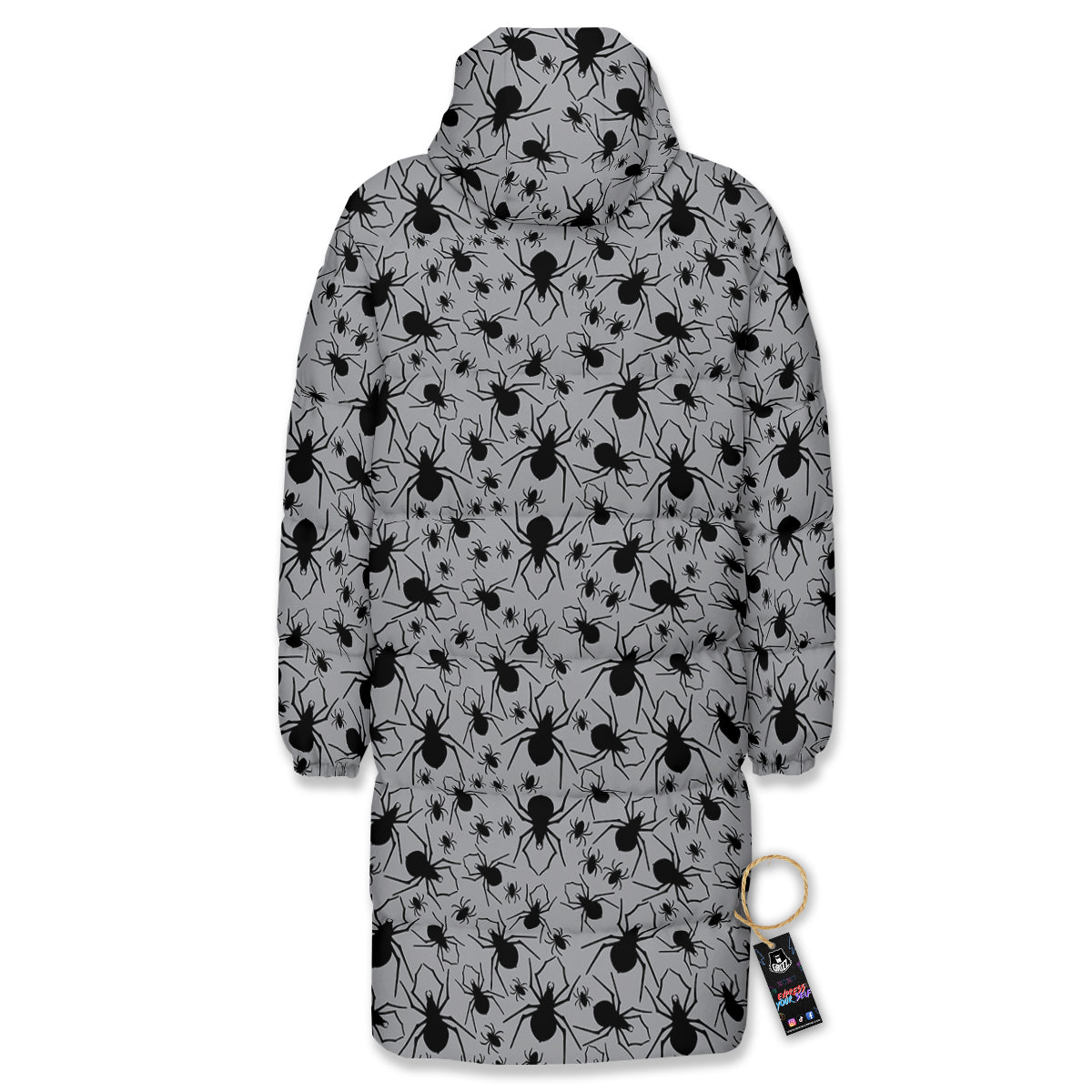 Black Spider And Grey Print Pattern Long Down Jacket-grizzshop