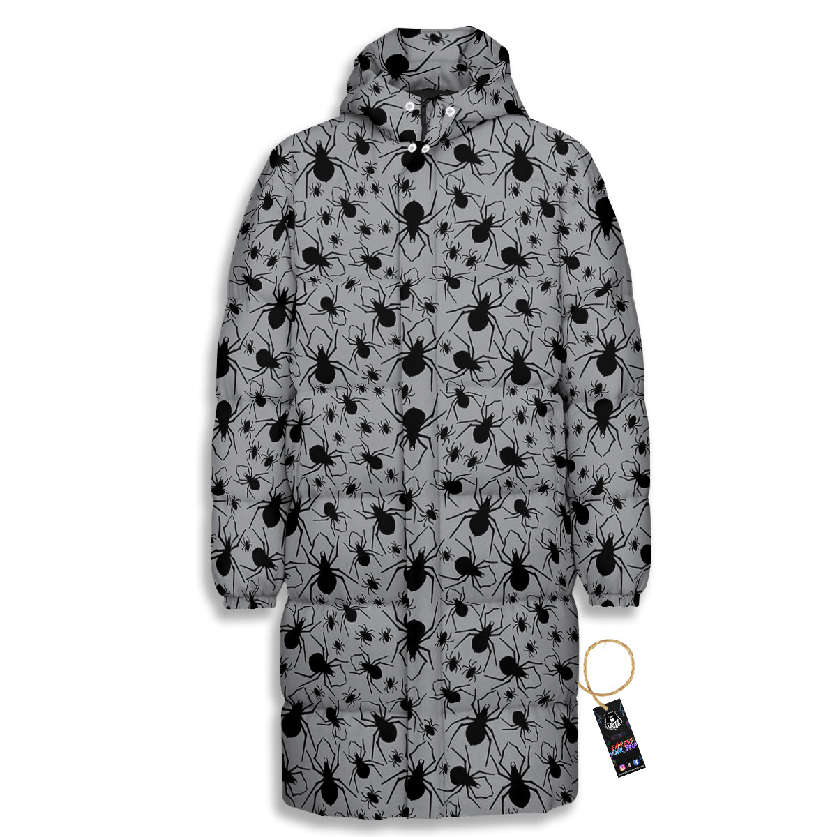 Black Spider And Grey Print Pattern Long Down Jacket-grizzshop