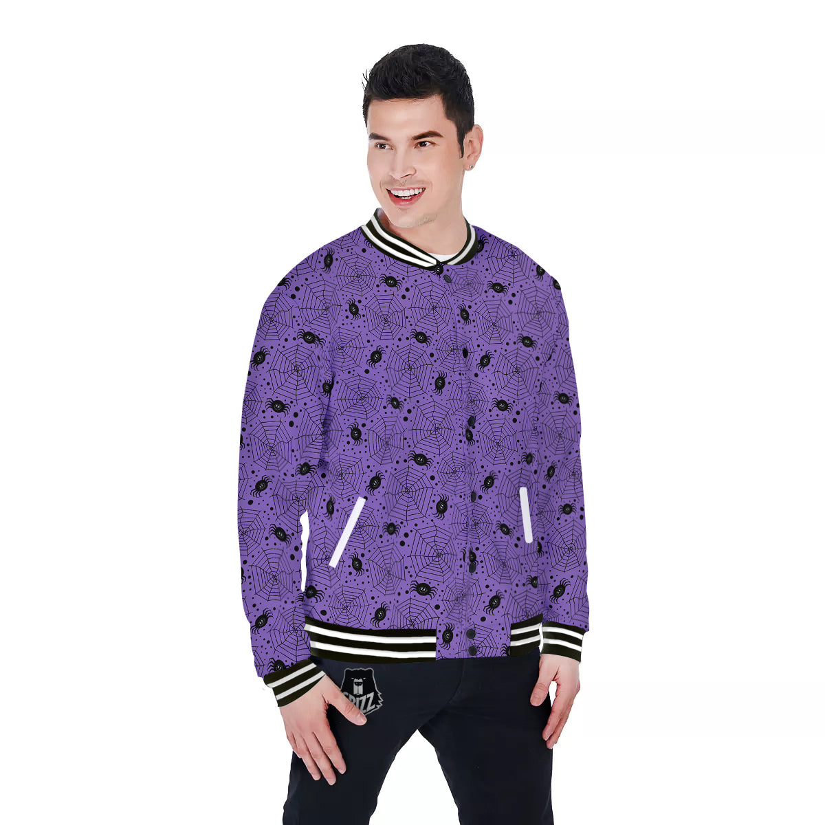 Black Spider And Purple Print Pattern Baseball Jacket-grizzshop