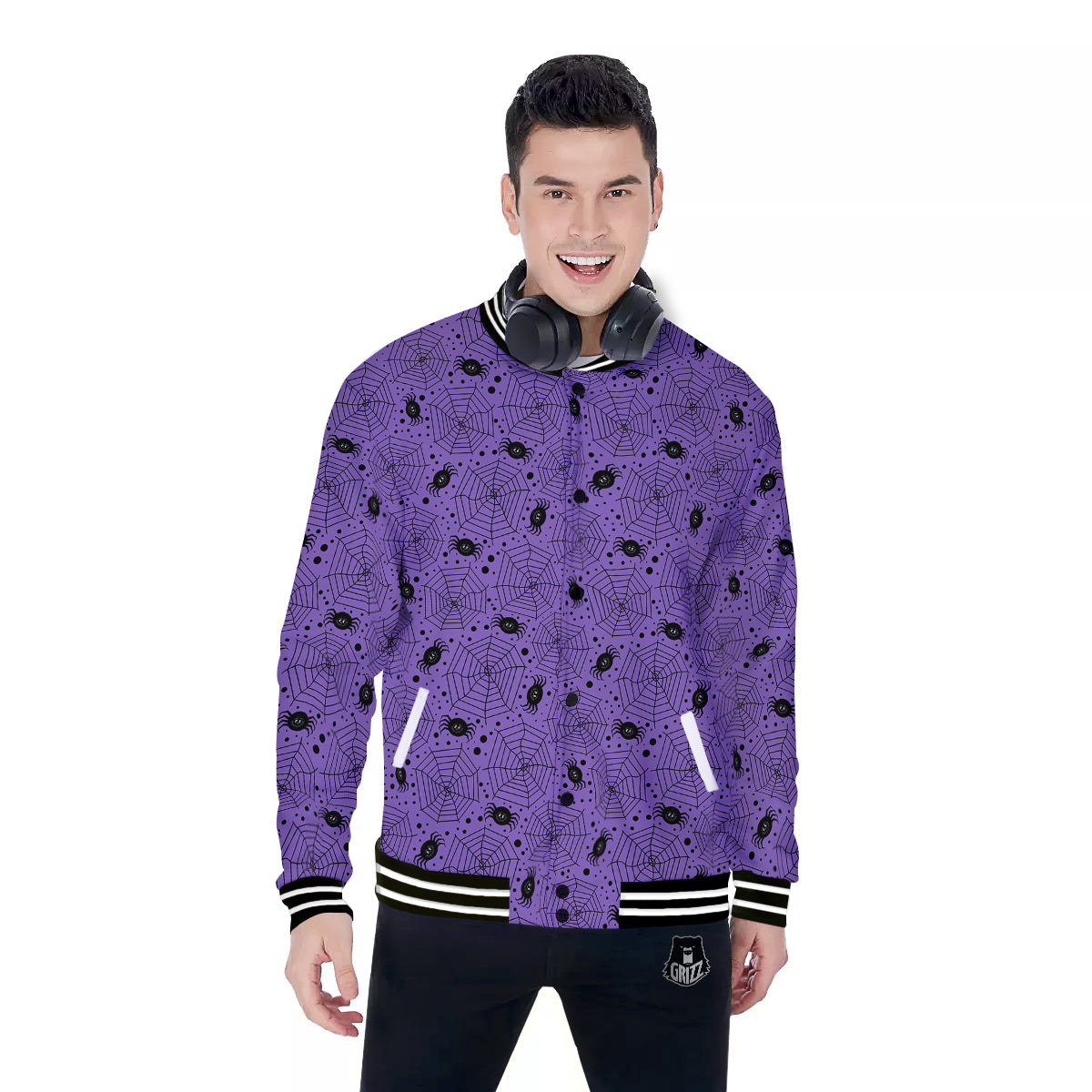 Black Spider And Purple Print Pattern Baseball Jacket-grizzshop