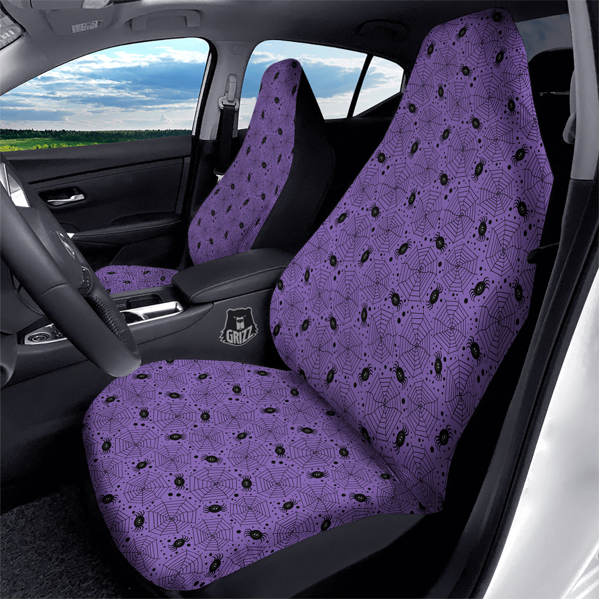 Black Spider And Purple Print Pattern Car Seat Covers-grizzshop