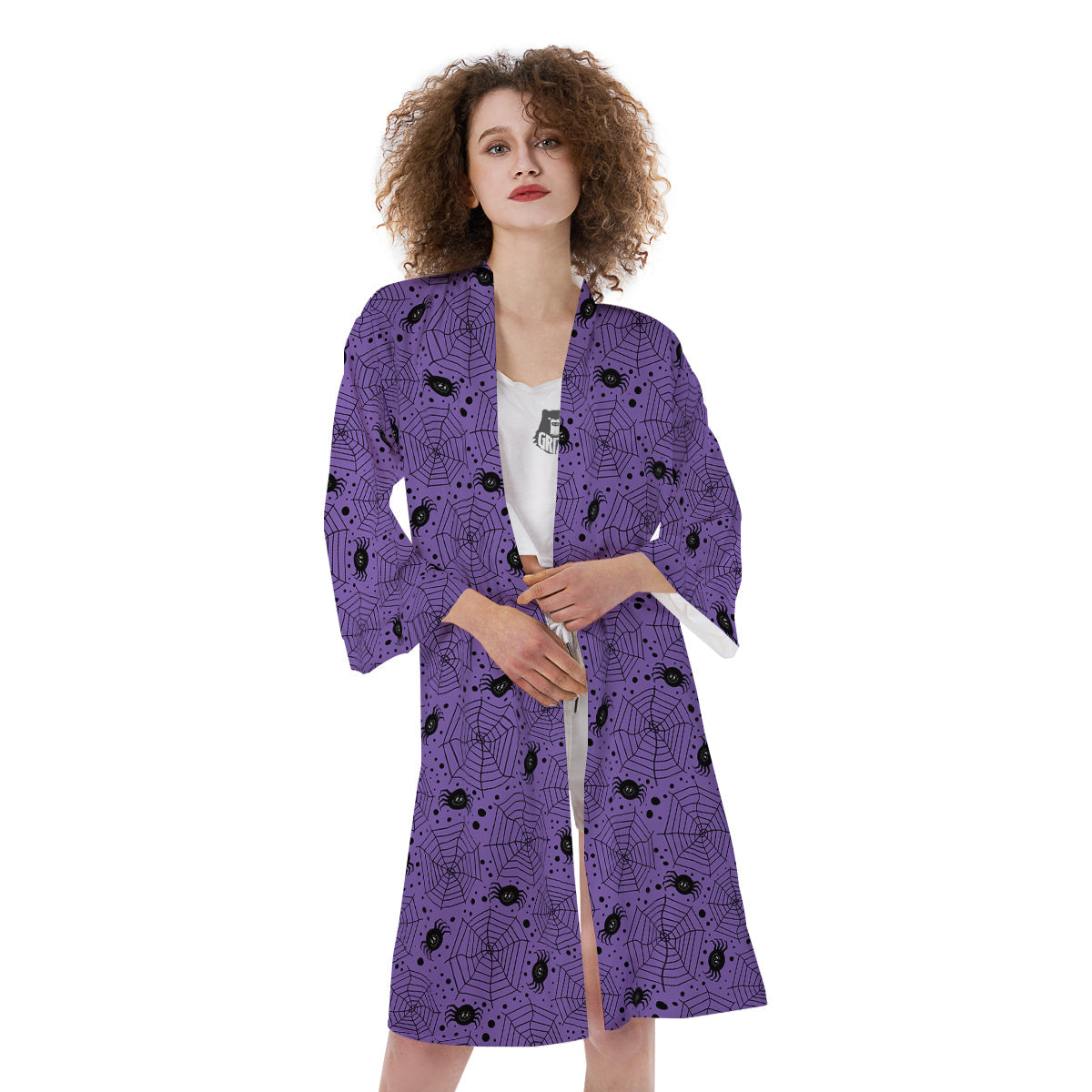 Black Spider And Purple Print Pattern Kimono-grizzshop