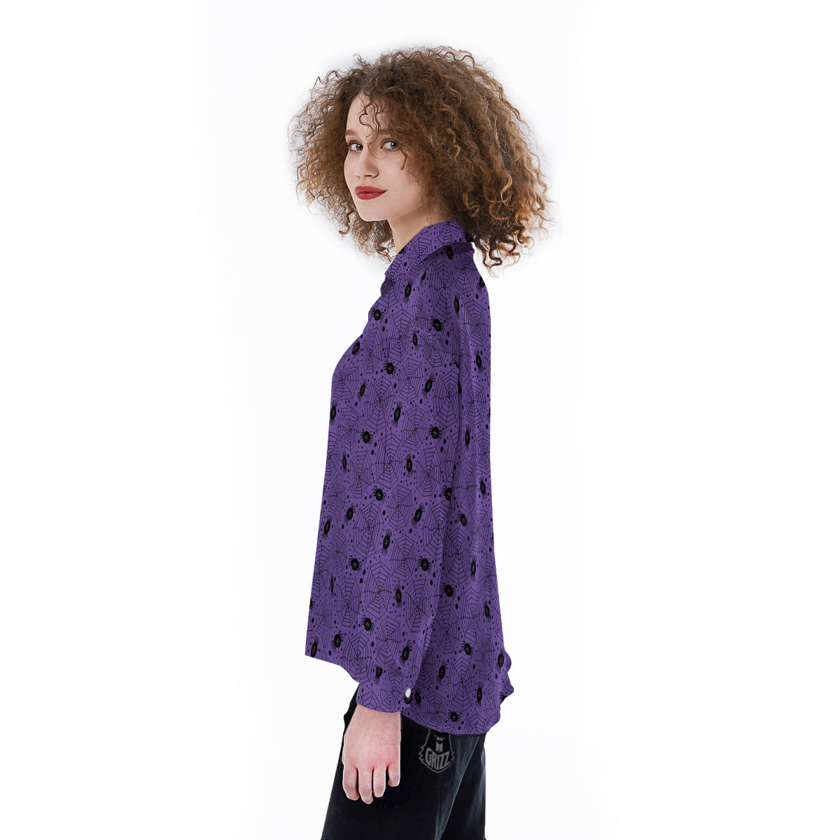 Black Spider And Purple Print Pattern Women's Long Sleeve Shirts-grizzshop