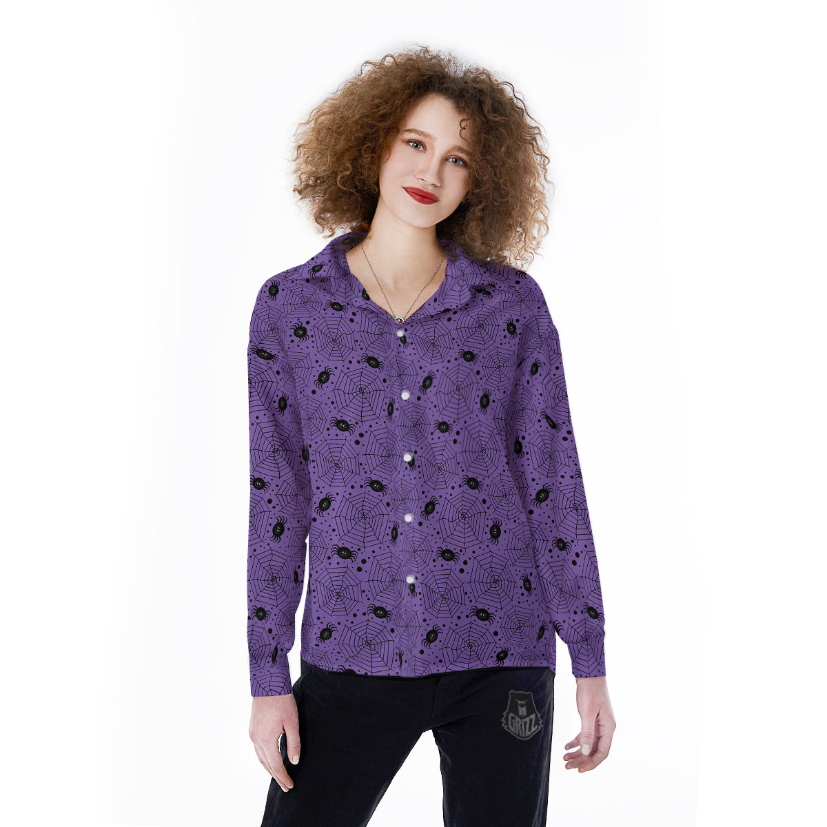 Black Spider And Purple Print Pattern Women's Long Sleeve Shirts-grizzshop