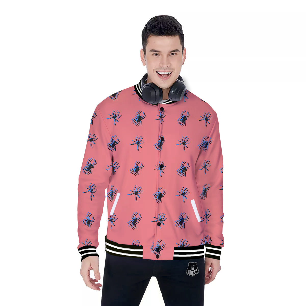 Black Spider Pink Print Pattern Baseball Jacket-grizzshop