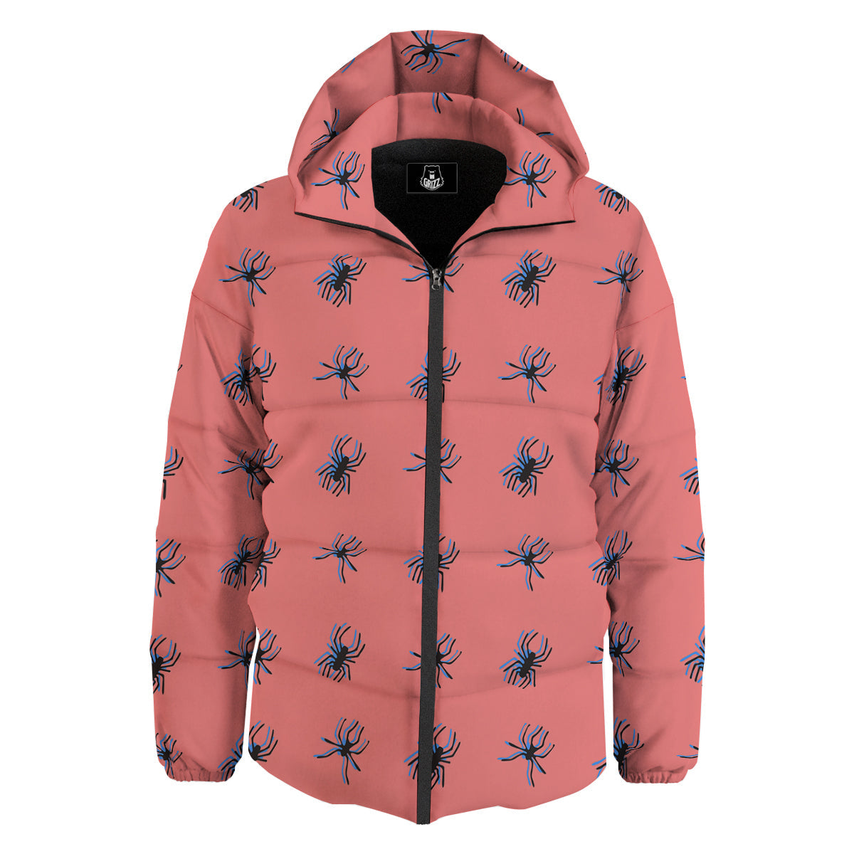 Black Spider Pink Print Pattern Down Jacket-grizzshop
