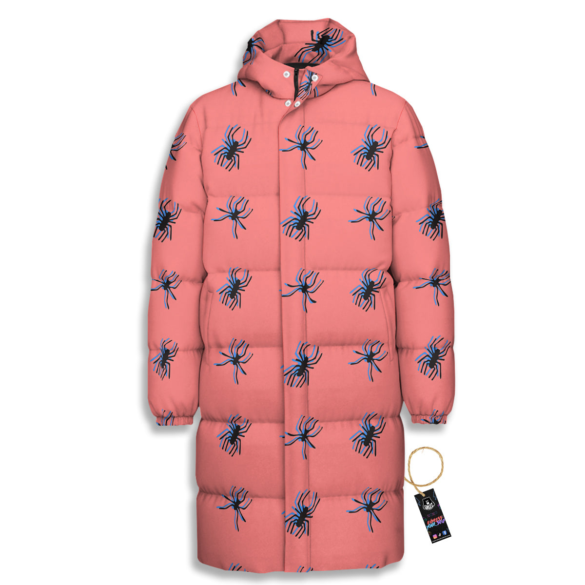 Black Spider Pink Print Pattern Long Down Jacket-grizzshop