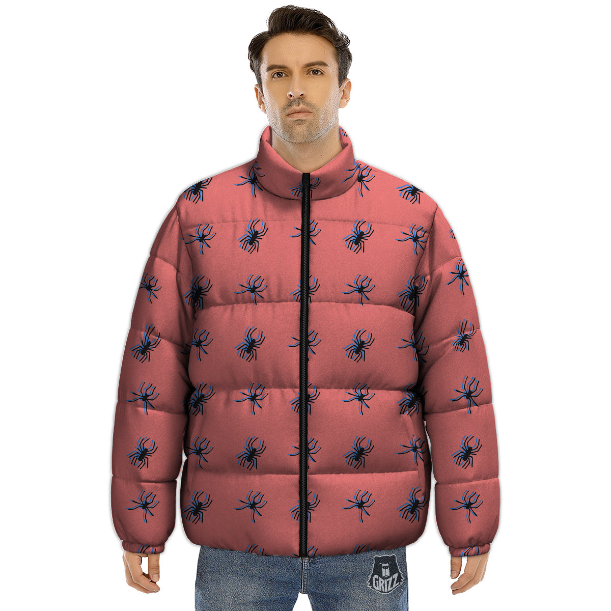 Black Spider Pink Print Pattern Puffer Jacket-grizzshop