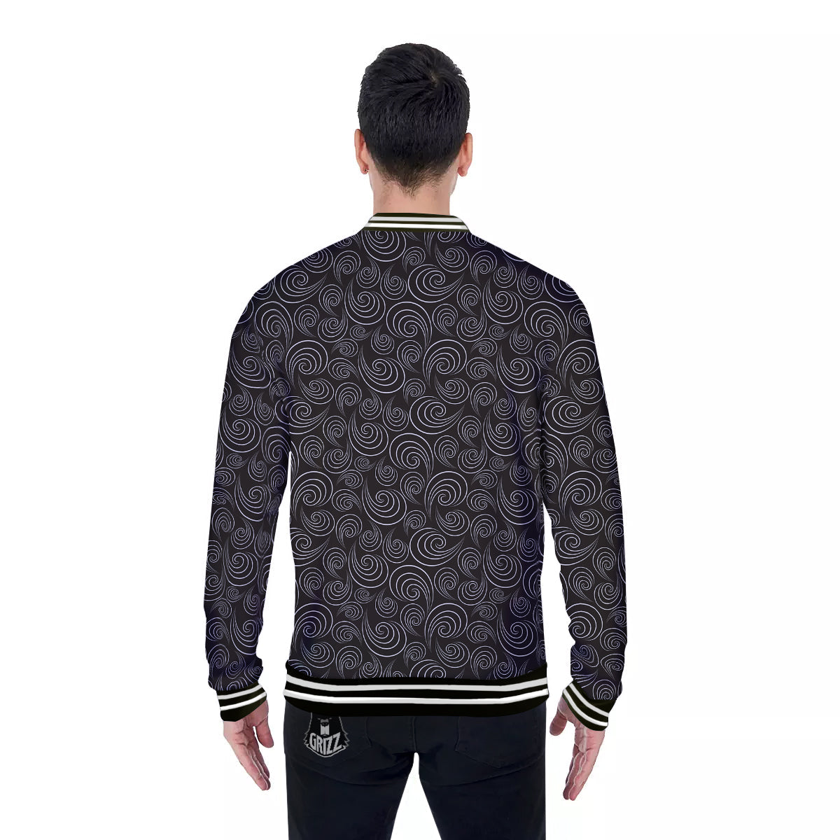 Black Spiral Wave Print Pattern Baseball Jacket-grizzshop