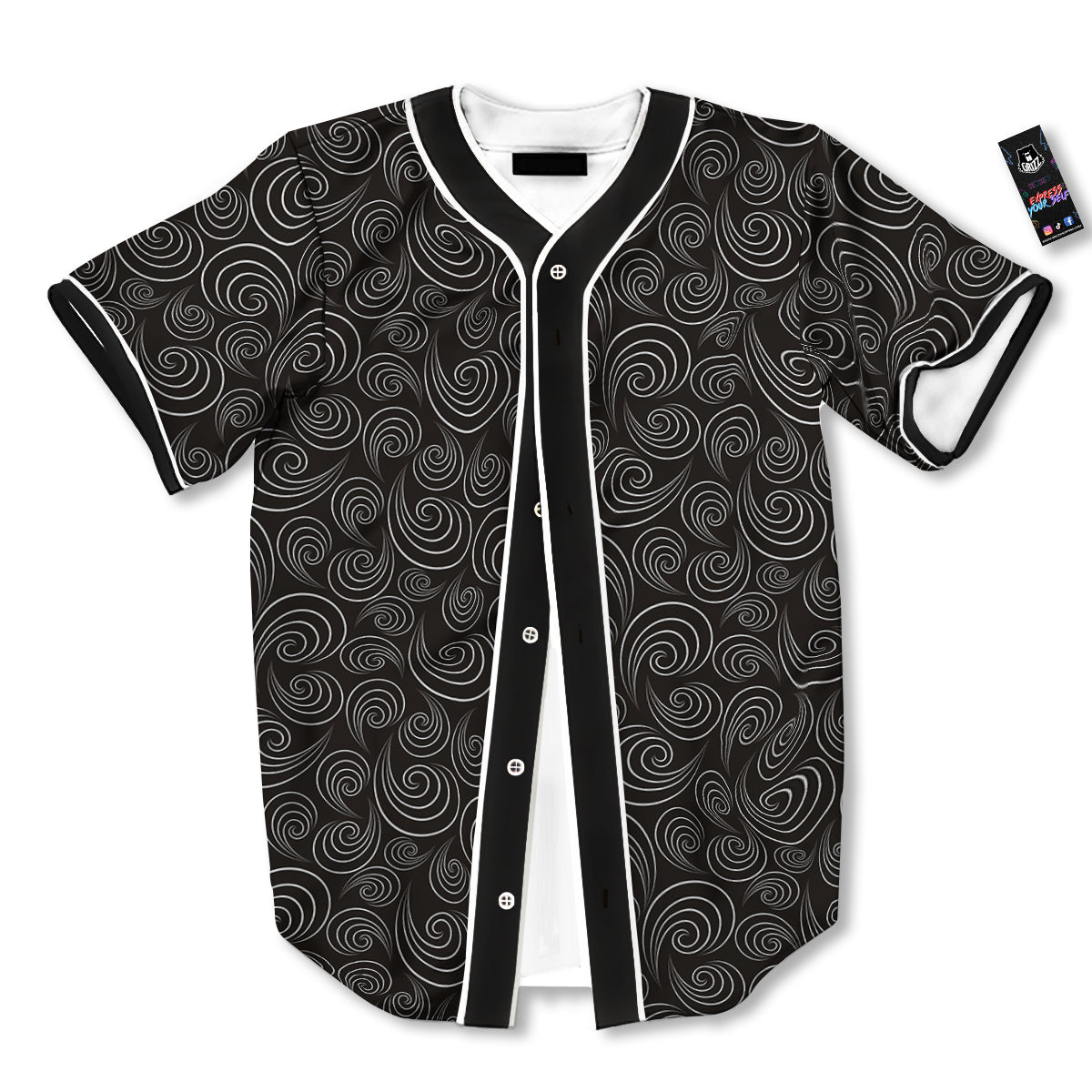 Black Spiral Wave Print Pattern Baseball Jersey-grizzshop