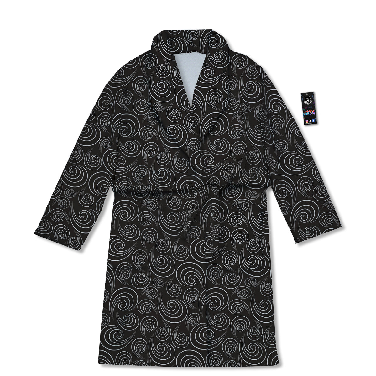 Black Spiral Wave Print Pattern Bathrobe-grizzshop